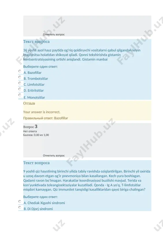 il bo’ladi e. antitelolar sintezlanadi отзыв your answer is incorrect. правильный ответ: antitelolar sintezlanadi вопрос 5 нет ответа баллов: 0,00 из 1,00 отметить вопрос текст вопроса anafilaktik allergik reaktsiyalar o'z ichiga oladi выберите один ответ: a. shok b. zardob kasalligi c. immun agranulotsitoz d. miasteniya e. o'tkir glomerulonefrit отзыв your answer is incorrect. правильный ответ: zardob kasalligi вопрос 6 нет ответа баллов: 0,00 из 1,00 отметить вопрос текст вопроса antibiotiklarga sezgirlikni aniqlash uchun 0,2 ml penitsillin eritmasi bemorga tomir ichiga yuborilgan. in'ektsiya joyida 10 daqiqadan keyin giperemiya, shish paydo bo'ldi. reaksiya koombs va jell tasnifiga ko’ra qaysi turga kiradi? выберите один ответ: a. artyus fenomeni b. anafilaktik reaktsiya c. sitotoksik reaktsiya d. oits e. kechiktirilgan sezgirlik отзыв your answer is incorrect. правильный ответ: anafilaktik reaktsiya вопрос 7 нет ответа баллов: 0,00 из 1,00 отметить вопрос текст вопроса antigenni tanib olish va uni immunokompetent hujayralarga taqdim etish uchun qaysi hujayralar javobgardir? …