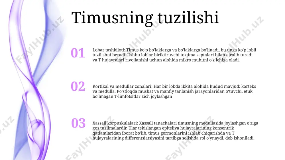 limfotsitlar, mos ravishda ularning yordamchi yoki sitotoksik funktsiyalarini aniqlaydigan cd4 va cd8 kabi hujayra yuzasining o'ziga xos belgilari mavjudligi bilan tavsiflanadi ijobiy va salbiy tanlov ijobiy tanlov: timusda rivojlanayotgan t hujayralarini mhc kompleksiga bog'lash imkonini beradi. bog'lana olmasa, t hujayralari o'ladi. salbiy tanlov: timusda rivojlanayotgan t hujayralarining o'z to'qimalarining antijenleri bilan bog'lanishiga to'sqinlik qiladi. bog'langan t hujayralari nobud bo'ladi. timusdagi t limfotsitlarining tuzilishi: timus t limfotsitlari rivojlanadigan organdir. t-limfotsitlarning tuzilishi; u hujayra membranasi, sitoplazma va yadrodan iborat. hujayra membranasida tcr (t hujayra retseptorlari) mavjud. timik mikromuhitning roli timusdagi t limfotsitlar tuzilishi: timus ichida timositlar bir qator rivojlanish bosqichlaridan o'tadi, ular erta timus progenitatorlaridan etuk bitta musbat t hujayralarigacha o'tadilar. ular funktsional xususiyatlarga ega bo'lib, o'z-o'zidan bardoshlilikni ta'minlash uchun tanlov jarayonlaridan o'tadilar. timus mikromuhiti: timus t hujayralari rivojlanishi uchun noyob muhitni ta'minlaydi, bunda maxsus stromal hujayralar, epiteliya hujayralari va dendritik hujayralar timositlarning kamolotini qo'llab-quvvatlash uchun o'zaro ta'sir qiladi. timusdagi t-hujayralarni tanlash: …