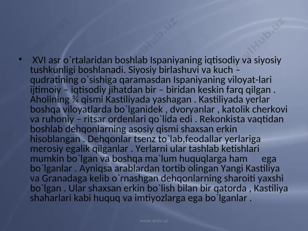 i tiklashga urinadilar . ispan feodallari ayniqsa chetelliklarni yuqori va daromadli lavozimlarni egallashidan norozi edilar . www.arxiv.uz www.arxiv.uz may, iyun oylarida toledoga kastiliyaning segoviya, burgos, avila kabi shaharlari qo`shiladi . ular korrexidorlarni haydab ( qirol amaldorlari ) , yangi , demokratik boshqaruv tuzadilar. 29 iyulda beshta shahar deputatlari avilada yig`ilib , “muqaddas xunta”( “ ittifoq ” ) tuzadilar va kastiliyalik xuan de padil`yani qo`shin qumondoni etib saylashadi . madina del kampo qirol qo`shinlari tomonidan vayron etilgach ,qo`zg`olon shimoliy va markaziy kastiliyani hamma shaharlarini qamrab oladi . xunta adrian hokiiyatini bekor qiladi . karl bilan murosaaga urinib , xunta unga oktyabr oyida talabnoma yuboradi . talabnomada qirolning doim ispaniyada yashashi , lavozimlarga ispanlar tayinlanishi , oltin va kumush mamlakatdan chiqarilib ketmasligi ko`rsatiladi . korteslar har uch yilda chaqirilishi , dvoryanlar ham soliq to`lashlari kerakligi , aristokratlar o`zlashtirgan yer va konlar davlatga qaytarilishi ham talabnomada qayd qilinadi . grand va dvoryanlar shahar …