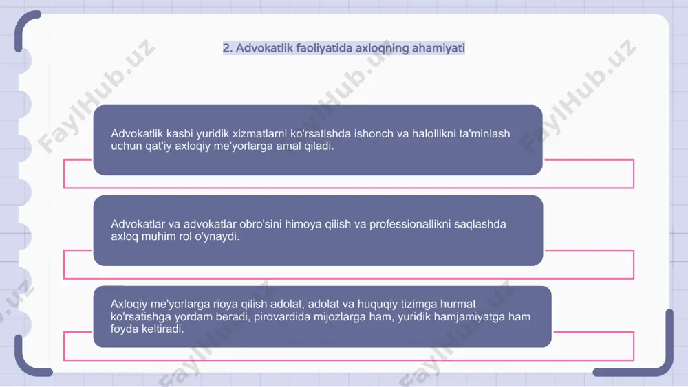 ar va qonunlardagi har qanday o'zgarishlardan xabardor bo'lishlari kerak. uzluksiz ta'lim va ta'lim yuridik kasbda axloqiy amaliyotlarni saqlash uchun zarurdir. e'tiboringiz uchun rahmat