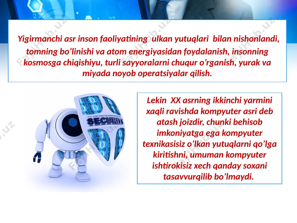 ga, stress yuzaga kelishiga olib keladi. hisoblash texnikasi operatorining ko’rishiga salbiy ta`sir ko’rsatadigan sabablar majmuasidan, birinchi navbatda, ekrandagishakllarning vaqt va fazoviy bir maromda emasligi bilan bog’liq kontrasti yetarlicha bo’lmasligi, monitorni keragidan ortiq ravshanligi, xamda displey yuzasidan qaytgan nurni aks etishini ajratish joizdir. hisoblash texnikasi bilan ishlovchilarda konyuktivit va blefarit bilan og’riganlar soni, bular bilan ishlamaydiganlardan ikki barobar ortiq uchraydi. yana shu vaziyat ogoxlantiradiki, kompyuterlarning elektromagnit nurlanishi kataraktaga olib kelishi mumkin. olimlarning ko’pgina izlanishlari nafaqat ultrabinafsha nurlanish, balki havorang-binafsha yorug’likning ortiqcha kattaligi xam ko’zning optik muhitini xiralashuviga olib kelishini ta`kidladi. bu vaqt-soatida ko’z to’r pardasining turli shakllarni aniqligini yomonlashtiradi. operatorlarning ish xarakteristikalari xaqida keltirilgan sub`ektiv ma`lumotlar ob`ektiv izlanish ma`lumotlari bilan tasdiqlanadi. "arifmetik amallar" testini bajarish natijasida tekshirilganlarning 33 % da aqliy toliqish qayd etilgan. yaxshi ish sharoitida (optimal mikroiqlim, optimal sun`iy yoritilganlik, ekrandagi shakllar aniq va ravshan ko’ringanlik, ish joyiratsional tashkil qilingan) ikki soat bir xil ishni bajargan ma`lumotlarni kirituvchi operatorlarning …