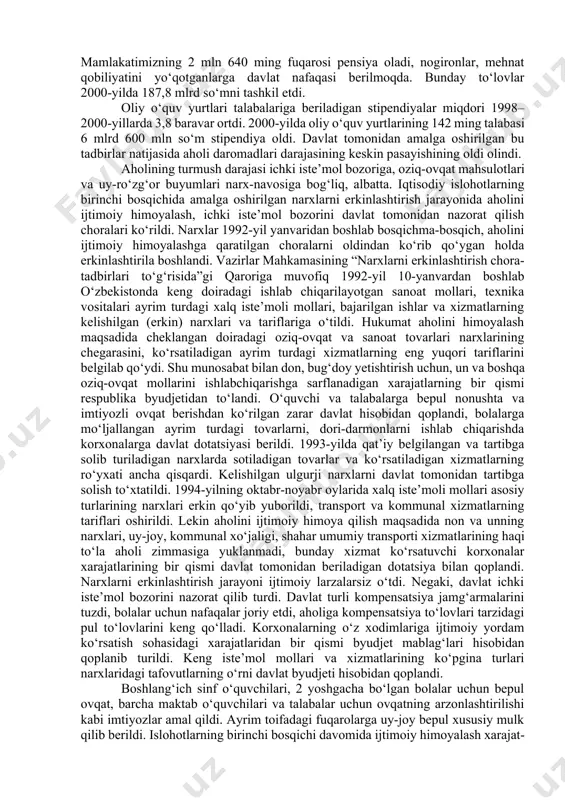 arning ish haqi miqdorini tarif koeffitsiyentlari orqali, eng kam ish haqi vositasi bilan bevosita bog‘lash imkonini berdi. eng kam ish haqini muntazam oshirish orqali aholining o‘rtacha ish haqi, pul daromadlari ham oshib bordi. 1994-yilda mazkur tarif setkasiga muvofiq eng kam ish haqi 150 so‘m bo‘lgan bo‘lsa, 1995-yilda 250 so‘m, 2009-yil 1-dekabrdan 37680 so‘m, 2010-yil 1-dekabr-dan 49735 so‘m, 2012-yil 1-avgustdan 72355 so‘mga yetdi. eng kam ish haqidan kelib chiqqan holda davlat byudjetidagi tashkilot va muassasalari xodimlarining oylik maoshi tarif setkasida ular uchun belgilangan koeffitsiyentlarga mos ravishda oshirib borildi. davlat tasarrufidan chiqarilgan korxonalarda, masalan, sanoat, transport, aloqa, qurilish, axborot-hisoblash tarmoqlaridagi ishchi-xizmatchilarning maoshi yanada yuqoriroq darajada o‘sib bordi. pensiya, nafaqa, talabalarga to‘lanadigan stipendiyalar miqdori ham eng kam ish haqining oshishiga mos ravishda o‘sib bordi. mamlakatimizning 2 mln 640 ming fuqarosi pensiya oladi, nogironlar, mehnat qobiliyatini yo‘qotganlarga davlat nafaqasi berilmoqda. bunday to‘lovlar 2000-yilda 187,8 mlrd so‘mni tashkil etdi. oliy o‘quv yurtlari talabalariga beriladigan stipendiyalar …