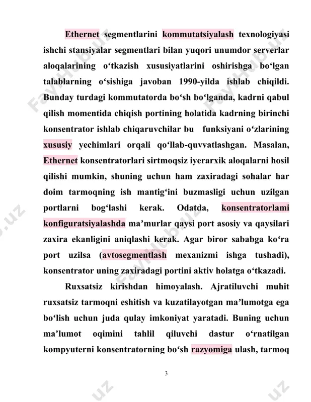 ga ega boʻlmaydi. himoya shundan iborat boʻladiki, bunda maʼmur qoʻlda konsentratorning har bir portini biror-bir mas-manzilga bogʻlaydi. bu mas-manzil ushbu portga bogʻlanishga ruxsat etilgan stansiyaning manzili hisoblanadi. maʼlumotlarni himoyalashning ushbu usulini amalga oshirish uchun konsentratorni oldindan konfiguratsiyalash kerak. buning uchun konsentrator boshqaruv blokiga ega boʻlishi kerak. bunday konsentratorlar odatda, intellektual deb ataladi. boshqaruv bloki oʻzida ichki dasturiy taʼminoti bilan ixcham hisoblash blokini oʻzida aks ettiradi. maʼmur bilan boshqaruv blokining oʻzaro aloqasi uchun konsentrator konsol portiga (koʻproq rs-232-485) ega boʻlib, unga terminal yoki terminalni emulyatsiyalash dasturi bilan shaxsiy kompyuter ulanadi. terminalni (paydo boʻlishi orasidagi kechikish (задержка) 40 mks ni tashkil etdi, bu (koʻprik orqali kadrni uzatishdagi kechikishdan ancha kichik boʻladi. igbase-t texnologiyasining har bir 8 ta portiga ethernet paketlarining alohida porti (pp) orqali xizmat koʻrsatiladi. bundan tashqari, kommutator pp ning barcha protsessorlarining ishlashini boshqaradigan, xususan kommutatorning umumiy manzili jadvalini olib boradigan tizimli modulga ega. portlar orasida kadrlarni uzatish uchun kommutatsion matritsadan …