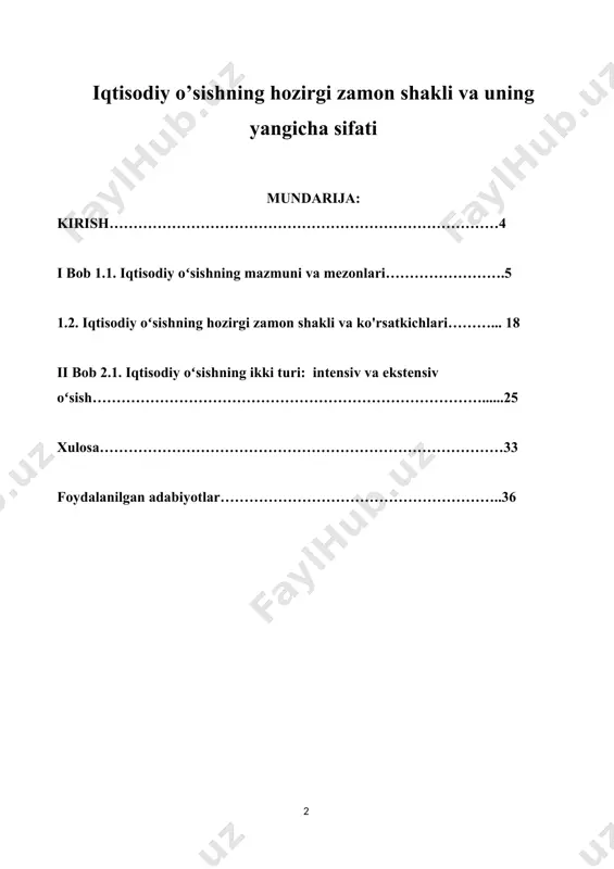 , ishlab chiqarishning hartomonlama taraqqiyot manzarasi hosil bomadi. shu bilan birga iqtisodiy o'sishnafaqat miqdor, balki muayyan sifat o'zgarishlari shaklida ham namoyon boladi.birinchi prezidentimiz i. karimov ta’kidlab o'tganlaridek: “ iqtisodiy rivojlanish sur’atlarihaqida gapirganda... uning mezonlariga va eng avvalo, sifat ko'rsatkichlariga ko‘proqe'tibor qaratish muhim ahamiyat kasb etadi. bunday o‘sishlar iqtisodiyotimizda yuzberayotgan tarkibiy o‘zgarishlar, uning izchil va barqaror rivoji uchun xizmat qilishi,xalqimizning hayot darajasini yuksaltirishga, bir so‘z bilan aytganda, amaliyhayotimizniyaxshilashga olib kelishi lozim”1. shunday ekan,iqtisodiyo‘sishbevosita yalpi ichki mahsulot miqdorining mutloqva aholi jon boshiga hamdaiqtisodiy resurs xarajatlari birligi hisobiga. i bob 1.1. iqtisodiy oʻsishning mazmuni va mezonlari milliy iqtisodiyotda iqtisodiy rivojlanish qiyin aniqlanadigan jarayon bo’lganligi sababli, uning mеzonlaridan biri bo’lgan iqtisodiy o’sish ko’proq tahlil qilinadi. iqtisodiy o’sish bеvosita yalpi ichki mahsulot hajmining mutlaq va aholi jon boshiga hamda iqtisodiy rеsurs xarajatlari har bir birligi hisobiga o’sishi, sifatining yaxshilanishi va tarkibining takomillashuvida ifodalanadi. iqtisodiy o’sishni yaim mutlaq hajmining ortishi orqali yoki aholi jon boshiga rеal …
