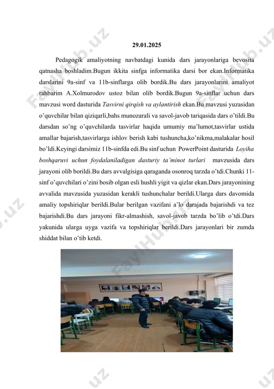 mashg’ulotini olib bordim.bu mavzu yuzasidan ularga qanday formula yaratish mumkinligini,exsel dasturida tayyor formulalardan foydalanish kerakligigi bo’yicha tushuncha,ko’nikma,malakalar berildi.dars davomida qanday qilib katakga nisbiy va absolyut murojat qilish yo’llarini ham ko’rib o’tdik.bu dars jarayoni orqali o’quvchilarda exsel dasturiga bo’lgan qiziqishlari oshdi,qiziqishlari yo’q bo’lgan o’quvchilarda esa qiziqish paydo bo’ldi.dars jarayoni bahs-munozarali,fikr almashish,savol-javob tarzda o’tdi.dars yakunida o’quvchilar o’z takliflarini berishdi,men esa ularga o’z talablarimni aytdim.bundan keyin boshqa informatika dars mashg’ulotlari yo’q ekan.bundan keyin esa o’quvchilar bilan individual ishladim va ular birga birga cerebry.com platformasi test ishladik. 1.02.2025 pedagogik amaliyotning navbatdagi kuni,bugun maktabda 10-sinflar uchun informatika dars mashg’uloti bor ekan.10-sinf o’quvchilar soni 32 nafar,bu degani sinf informatika darsida 2ta guruhga ajraladi degani.bugun men mana shu sinfning ikkinchi guruhiga dars mashg’ulotini olib bordim.10-sinf informatika kitobi bo’yicha nomlangan katak va diapazon.yaxlitlash funksiyalari mavzusi ekan mana mavzu yuzasidan dars mashg’ulotini olib bordim.bu mavzu bo’yicha o’quvchilarga nomlangan katak tushunchasi,kataklarni qanday nom berish,diapazon tushunchasi,yaxlitlash funksiyalari xususan round,roundup,rounddown,int,trunc kabi funksiyalar …