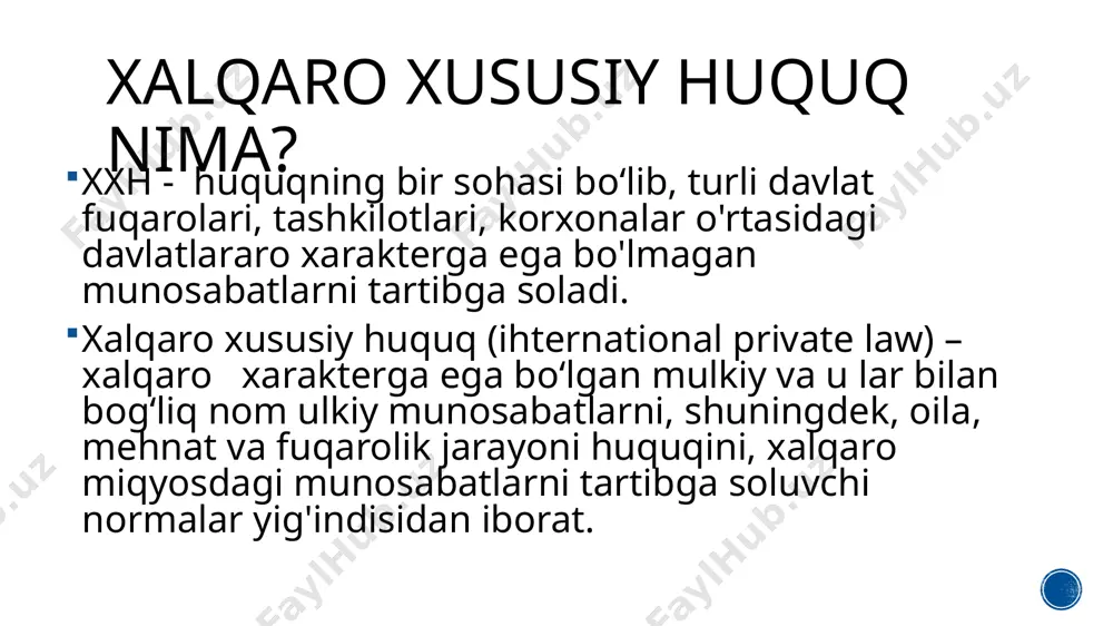 respublikasi vazirlar mahkamasining qarorlari, idora aktlari kiradi. sud va arbitraj amaliyoti (odat va udumlar) sud va arbitraj amaliyoti huquk manbalari tarkibiga, asosan, buyuk britaniya va qisman aqsh kiradi. buyuk britaniyada sud pretendentlari tizimi, ya’ni ilgari chiqarilgan rahbariy sud qarorlari asosida amaldagi huquqni aniqlovchi va ta ’riflab beruvchi tizim amal qiladi. shu bilan birga, muhim ahamiyatiga qaramay, sud presendentlari ham o'zbekiston respublikasiping oliy sudi plenumlari va oliy xo'jalik sudi qarorlari ham xalqaro xususiy huquq manbalari bo'lib hisoblanmaydi. sud muassasalari normativ ijodkorlik funksiyalariga ega emas, ular normalarni ishlab chiqmaydilar, balki ularni faqat talqin qiladilar hamda qo'llaydilar. kollizion normalar kolliziya (inglizcha clash, collision) - qarama-qarshi kuchlar, manfaatlar va maqsadlarning to'qnashuvi bir xil ijtimoiy munosabatlarni tartibga soluvchi huquqiy normalarning bir-biriga to‘g ‘ri kelmasligi demakdir. kollizion norma (inglizcha - conflict, collision norm) - xalqaro xarakterdagi fuqarolik yoki boshqa huquqiy munosabatlarga qaysi davlat huquqi qo‘llanishini ko'rsatuvchi normadir. qonunlar kolliziyasi (lotincha collisio - to‘qnashuv, inglizcha - conflict …