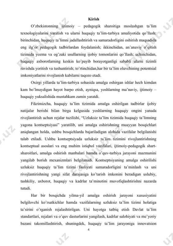 sida ustuvor deb e’lon qilindi. ta’lim-tarbiya masalasi mustaqilligimizning dastlabki kunlaridan boshlab bugunimiz va kelajagimizni hal qiladigan eng dolzarb vazifa sifatida qaralgan va ta’lim-tarbiya sohasida normativ-huquqiy hujjatlar qabul qilgan. amalga oshirilayotgan ulkan ishlar, farzandlarimizning har tomonlama barkamol bo’lib ulg’ayishi uchun yaratilayotgan zamonaviy sharoitlar tufayli yoshlarimizning jismoniy va ma’naviy jihatdan hech kimdan kam bo’lmasdan voyaga yetayotgani barchamizga ma’lum. tadqiqotning maqsadi: huquq fanlarini o’qitishning asosiy maqsadi shaxsda huquqiy tushunchani shakllantirish va bilim olish jarayonida tinglovchilar qonunlarni bilishga, ulardan foydalanishga, hayotga tatbiq etishga erishishlari, o’z huquq va erkinliklarini mukammal bilib, qonunga rioya qilish majburiyatlarini o’rgatish asosiy vazifasi hisoblanadi. tadqiqotning vazifasi: mazkur ishning obyektini o’quvchi talabalar ongida huquqiy ko’nikma va malakalarning o’rni, huquq vq burchlarini hayotning turli vaziyatlarida anglay olishlari va huquqiy bilimlar ularning tarbiyasida muhim ahamiyat kasb etishi kabi masalalarni o’rganish tashkil etadi. tadqiqotning nazariy asoslari: mazkur kurs ishining nazariy va metodologik asoslarini huquqiy madaniyatli shaxslarni tarbiyalashda huquqiy bilimlarning ta’siri qanchalik muhim ekanligini o’rganishdan, …