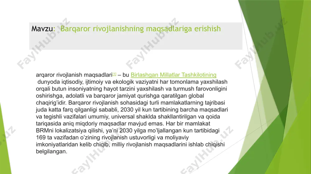 rni monitoring qilish maqsadida nsdg.stat.uz sayti ishga tushirildi. ushbu platforma mamlakatdagi brmga erishishda mavjud vaziyat toʼgʼrisida maʼlumot toʼplash va umumlashtirish uchun yagona markaz hisoblanadi. "muhofaza etiladigan tabiiy hududlar to'g'risida”gi qonun qabul qilingandan so'ng ko'p sonli ob'ektlarga – o'rmon xo'jalik korxonalari va ovchilik xo'jaliklariga muhofaza etiladigan tabiiy hududlar maqomi beriladi. biosferik davlat rezervati tushunchasini kiritish alohida ahamiyatga ega. ularni tashkil etish tartib va rejimi bizning qonunchiligimizda birinchi bor ko'zda tutiladi va biosferik rezervatlar bo'yicha yunesko xujjatlari talablariga mos keladi. xozirgi kunda respublikamizda 9 qo'riqxona va 2 milliy bog' mavjud. "muhofaza etiladigan tabiiy hududlar to'g'risida”gi o'zbekiston respublikasi qonuniga binoan qo'riqxonalar, milliy bog'lar bilan birga zakaznikalar ham mana shunday hududlarga kiradi. bugungi kunda respublikamizda 10 zakaznik mavjud. o'zbekiston respublikasi tabiatni muhofaza qilish davlat qo'mitasi tassarufida hisor qo'riqxonasi faoliyat yuritmoqda. qo'riqxona 1983-yilda, ikki mustaqil miroki va qizilsuv tog' qo'riqxonalarni birlashtirish natijasida tashkil qilingan. hisor qo'riqxonasining umumiy maydoni 80986 gektarni tashkil etadi. u hisor tizmasi …