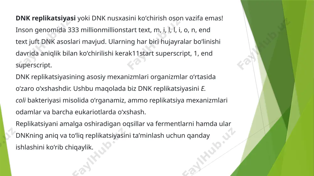 oshlanish nuqtalariga ega. odamlarda bu nuqtalar 100100100000000000 tagacha boʻlishi mumkin55start superscript, 5, end superscript! e. coli dagi koʻp fermentlar eukariot dnk replikatsiyasida qatnashadigan vazifadoshlariga ega, lekin e. coli da bitta shaklda uchrovchi ferment eukariotlarda bir nechta shaklda boʻlishi mumkin. masalan, odam hujayrasidagi replikatsiya jarayonida qatnashuvchi beshta dnk polimeraza mavjud55start superscript, 5, end superscript. aksariyat eukariot xromosomalar chiziqli. orqada qoluvchi zanjir sintezi tufayli dnk har replikatsiya siklida oxiridan bir qismi (telomer)ni yoʻqotadi. e’tiboringiz uchun raxmat! image1.png image2.png image3.png image4.jpeg /docprops/thumbnail.jpeg