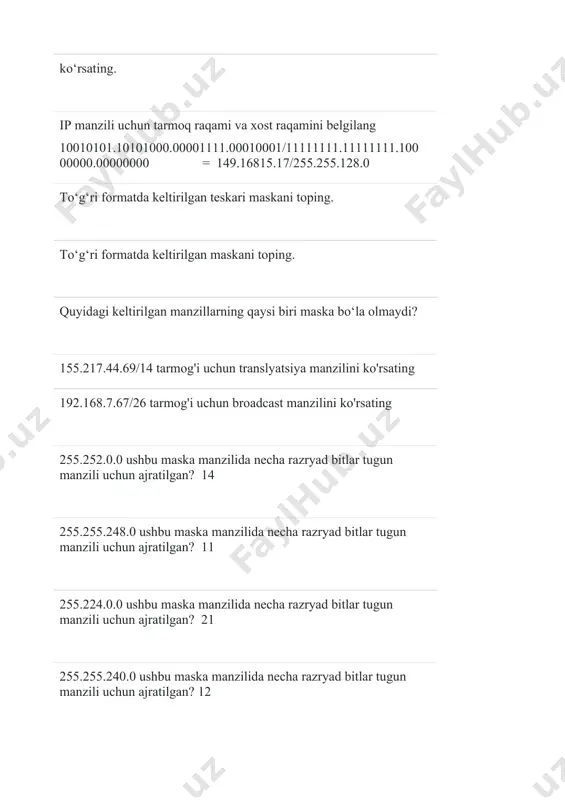 uz bilan tugagan barcha domenlar faqat o'zbekiston hududida foydalanish mumkinligini anglatadimi? a. yoq dns tizimi ip adresini nomga va nomni ip adresga o'zgartiradi, masalan: google.com nomini 173.194.73.94 adresiga o'zgartiradi. shu holat to'g'rimi? ha quyida keltirilgan qaysi domen nomlari to'g'ri ko'rsatilgan? a. barcha domenlar to'g'ri ko'rsatilgan b. tuit.uz, uztelecom.uz, csm.tuit.uz c. facebook.com, ok.ru d. google.com, yahoo.com, bombay.vni.com answer: a dns qanday maqsadlar uchun foydalaniladi? a. domen nomini ip adresga yoki aksincha o’zgartiradi dns qanday tizim? domen nomalar tizimi peer-to-peer arxitekturasiga asoslangan saytni tanlang? bit-torrent server vazifasini bajarish uchun qanday shartlar topilishi kerak? server vaz a. so'rovlarga ishlov berish va javob qaytarish, resurslarga ega bo'lish va doim faol bo'lish smartfon qurilmalari bir vaqtda ham klient ham server bo'la oladimi? a. ha, foydalanilayotgan sath va ilovaga muvofiq klient va server qanday ko'rinishda bog'lanishni amalga oshiradi? dastlab klient serverga so'rov jo'natadi va server so'rovga ishlov berib klientga javob qaytaradi. klient va server qurilmalari qanday …