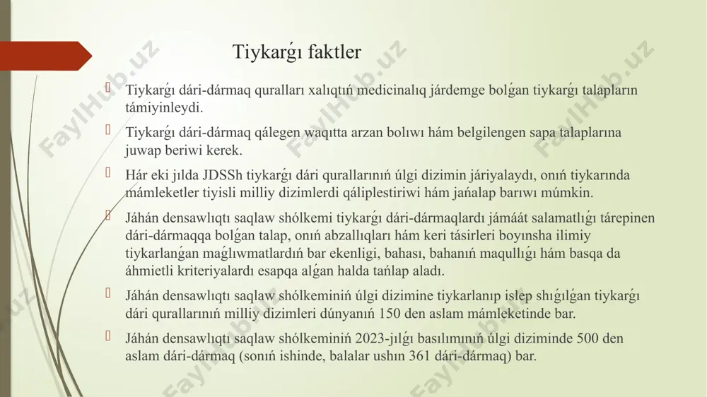 menen birge, tek ǵana ózbekstanǵa tán bolǵan emlewge mánissiz qatnas jasaw mashqalası hámmege belgili. jdssh maǵlıwmatları boyınsha, barlıq dári-dármaqlardıń 50% ten aslamı kereksiz túrde buyırıladı yamasa tarqatıladı, 50% nawqaslar dári-dármaqtı nadurıs qabıllaydı dúnya xalqınıń úshten bir bólegi zárúr dári-dármaqlarǵa iye emes hám emlewxanaǵa jatqarılǵanlardıń 10% ke jaqını dári dármaqlardıń keri reakciyaları menen baylanıslı boladı dúnyada jılına 12 million adam qaytıs boladı, olardan 7 millionı jetkilikli terapiya járdeminde qutqarılıwı múmkin edi. jańa tuwilǵan hám balalardaǵi farmakoterapiyaniń ózgeshelikleri. dárilik zatlar sorılıwı. jańa tuwılǵan balalarda, ásirese shala tuwılǵan balalarda asqazanda xlorid kislota sekreciyası sezilerli páseygen, asqazannıń bosatılıwı ádette ástenlesken hám tek 6-8 aylıqta normallasadı. peristaltikanıń intensivligi hám sonıń nátiyjesinde awqattıń ishekten ótiw tezligi kópshilik jaǵdaylarda aldın ala aytıp bolmaydı hám jana tuwılǵan balalardıń azǵantay bóleginde ǵana awqatlandırıwdıń xarakterine baylanıslı boladı. solay etip, hár qıylı jastaǵı balalarda dárilik zatlardıń sorılıw dárejesi hám tezliginde áhmiyetli parıqlar bar. mısalı, jańa tuwılǵan balalarda 15 kúnge shekem fenitoin, …