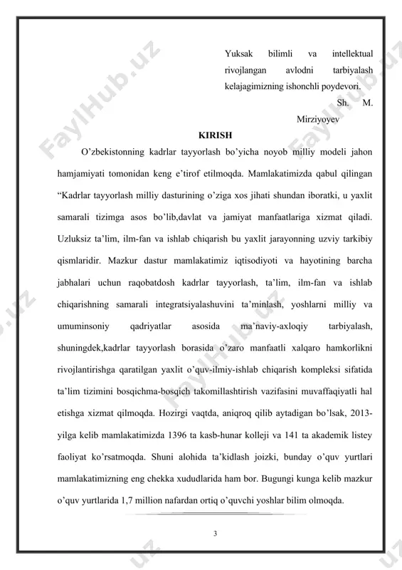 borasidagi yutuqlari taqsinga sazovordir. hozirgi paytda o’zbekistonda zamonaviy vositalar bilan jihozlangan 1500dan ortiq kasb-hunar kollejlari va listeylar faoliyat yuritmoqda. shuningdek, 59 oliy o’quv yurti, yevropa va osiyoning nufuzli oliy o’quv yurtlarining filiallari faoliyat ko’rsatmoqda. toshkentda quyosh energiyasi bo’yicha xalqaro ilmiy-tadqiqot institutining ta’sis etilishi ta’lim sohasida qo’lga kiritilayotgan yutuqlarga yana bir yorqin misoldir. ta’lim sohasi bizning “strategiya-2020” deb nomlangan uzoq muddatga mo’ljallangan strategiyamizning beshta asosiy yo’nalishlaridan biridir. otb (osiyo taraqqiyot banki) ta’lim sohasini rivojlantirishda o’zbekiston bilan yaqin hamkorlik qilib kelmoqda. bugungi kunda mamlakat bo’yicha maktablar, o’qituvchilarni tayyorlash, dareliklar va ta’lim dasturlarini moliyalashtirishga oid sakkizta loyiha ma’qullangan. ta’lim — imkoniyatlar tengligini ta’minlaydigan buyuk mezon. u jamiyat aql-zakovatining yuksalishi, raqobatdoshlikning kuchayishi va yutuqlar ko’payishining muhim omili vazifasini o’taydi”. oldimizda turgan eng ezgu maqsadlarimiz — mamlakatimizning buyuk kelajagi ham, ertangi kunimiz, erkin va farovon hayotimiz ham, o’zbekistonning xxi asrda jahon hamjamiyatidan qanday o’rin egallashi ham — bularning barchasi, avvalambor, yangi avlod, unib-o’sib kelayotgan farzandlarimiz …