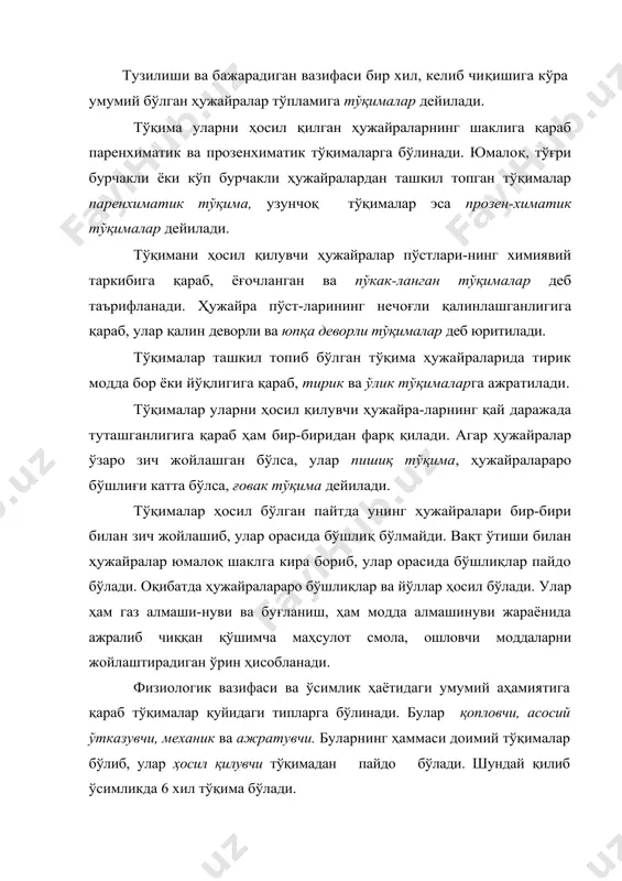 ўқималар-ни ҳосил қилишга хизмат қилувчи, ўсишни таъминловчи тўқимадир. келиб чиқишига кўра бирламчи ва иккиламчи, ўсимликда жойлашишига қараб апикаль ёки учки, лотераль ёки ён ва интеркаляр ёки қўшимча меристемаларга бўлинади. апикаль меристемалар ўз навбатида вегетатив шохча апикали, ҳосил шохлари апикали ва илдиз апикалига бўлинади. шундай қилиб, ҳосил қилувчи тўқималар илдиз ва новданинг учки қисмида жойлашади. улар фақат асосий новданинг эмас, балки ён шохлар ва илдизнинг барча тармоқлари учки қисмида жойлашади лотераль меристемаларга ўтиш даврида доимий бўлиниб, цилиндр ҳосил қилувчи поя ва илдизнинг ичидаги ҳужайралар - перицикл ва кейинчалик ўзгариб ўтказувчи тўқималар ҳосил қилувчи – прокамбийдан иборат (бу ҳақда кейинчалик тўхталиб ўтамиз). юксак ўсимликларда меристемалар жуда эрта, организм ривожланишининг дастлабки фазала-рида тақсимланади. уруғланган тухум ҳужайраси бўлиниб эмбрионал, яъни меристематик муртаколди (проэмбрио) ҳужайралардан таркиб топган. иккита ўзаро қарама-қарши қутбларда, яъни муртак илдиз учи ва дастлабки куртакчада инициал ҳужайралар гуруҳи жамланади ва улардан учки меристемалар шаклланади. бу мери-стемалардан илдиз ва новдалар бўйига ўсади. илдиз …