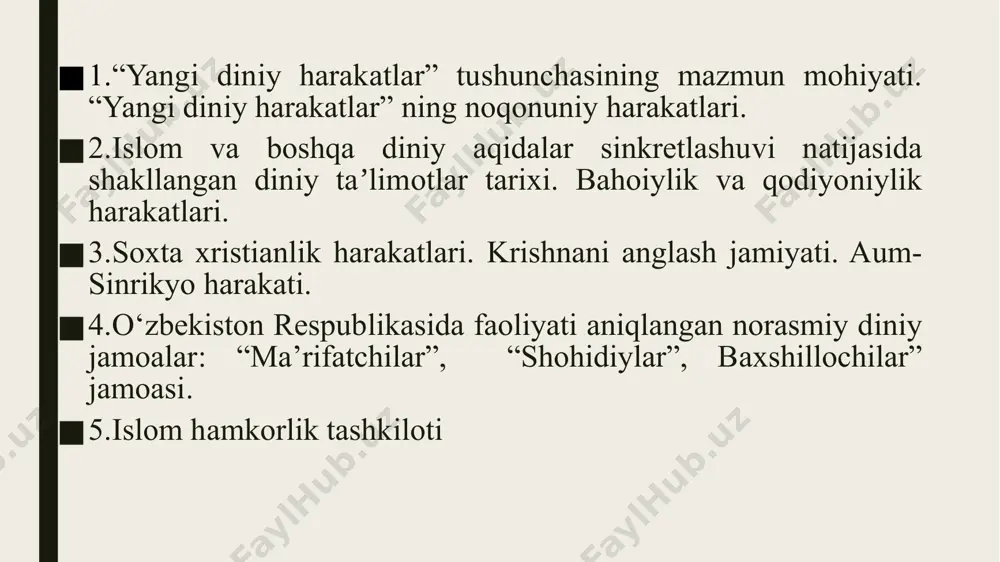 bo‘lganligini ta’kidlaydilar. yadh liderlari jamiyat kayfiyatidagi o‘zgarishlarni, bu “o‘tkinchi dunyo”ning nuqsonlarini fosh qilib, o‘zlarini “xaloskor”, yuksak axloqli “haqiqqatgo‘y” sifatida ko‘rsatdilar. yadh to‘riga ko‘proq yoshlar ilindilar yadhlarning ba’zilari dunyoning turli burchaklarida o‘z bo‘linmalariga ega bo‘lgan, biznes bilan shug‘ullanuvchi yirik xalqaro korporatsiyalarga aylandi. yadhlar meditatsiya amaliyotini keng qo‘llaydilar, tashkiliy jihatdan piramida shaklida boshqariladi. yadhlarning aksariyati noqonuniy faoliyat yurituvchi, kriminal tashkilotlardir. жаҳон мусулмонларининг 92 %ини ташкил этувчи суннийлар 4 та мазҳабга бўлинган: ҳанафийлар - 47 %; шофеийлар – 27 %; моликийлар – 17 %; ҳанбалийлар - 1,5 %. ислом омилининг кучайишида мусулмон мамлакатлари ҳудудларининг катталиги, яъни жўғрофий-стратегик имкониятларининг ҳам ўзига хос ўрни бор. «секуляризация» тушунчаси лотинча «saeculum» сўзидан олинган бўлиб, «илоҳийлик, абадийликни ифодаламаган ўткинчи, вақтинчали борлиқнинг характеристикаси» маъносидадир. августин давридан бошлаб «secular» – яъни «дунёвий» маъносида ишлатилмоқда. (аберкромби н., хилл с., тернер б.с. социологический словарь. казань: изд-во казан.ун-та, 1997.) мутахассислар секуляризмни таърифлашда уни 5 қисмга бўлишади: диннинг инқирози; замонавий ҳаёт тартиб-қоидаларига риоя қилиш; …