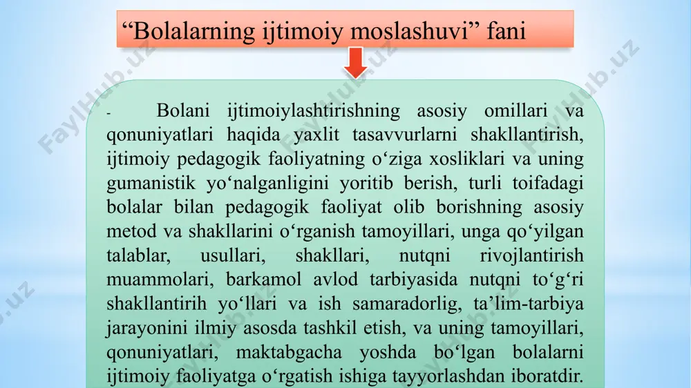 shlariga ega bo’lish; b) o’ziga xosliklariga ega bo’lish; v) unga tegishli bo’lgan masalalarni hal qilish, uning o’z darajasini aniqlab olishiga xalaqit beradigan hayotiy holatlarga qarshi turish xohishi sifatida namoyon bo’ladi. agar shaxsning jamiyatga kirishida ijtimoiylashuv va individuaalashuv jarayonlari o’rtasida tenglik yuzaga kelsa, insonning jamiyatga yaqinlashuvi ro’y beradi. shu bilan birga bu yerda shaxs va muhitning o’zaro ta’sir etish ham sodir bo’ladi. shunday qilib, muvaffaqqiyatli ijtimoiylashuv moslashuv va individuallashuv o’rtasida muvozanat saqlangandagina amalga oshishi mumkin. bu jarayon 3 asosiy sohada amalga oshadi: - faoliyat-turlarning kengayishi, uning shakl va vositalarini qo’lga kiritish, erkin mo’ljal olish. - muomala-muomala doirasini kengaytirish, uning mazmunini chuqurlashtirish, xulq-atvor me’yorlarini o’zlashtirish. - anglash-shaxsiy men obrazini faoliyatning faol ishtirokchisi sifatida shakllantirish, o’z ijtimoiy mansubligi va o’rnini anglash, o’ziga baho berishni shakllantirish ijtimoiylashuv vositalari har bir jamiyat, davlat, ijtimoiy guruh ijobiy va salbiy ta’qiqlar-man etish, ruxsat berish, majburlash chora-tadbirlarini ishlab chiqshadi. bu choralar yordamida inson xulq-atvori shu jamiyatda qabul qilingan …