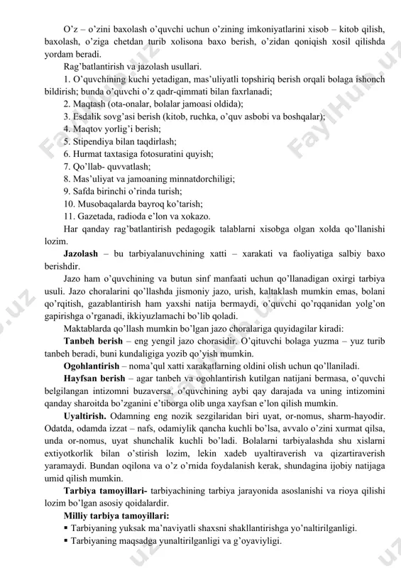 sam ichirish, urish, kaltaklash va hokazolar.) tarbiya usullarini o’rganish, taxlil qilish, bu usullardan pedagogik jarayondan foydalanish, ko’nikma va malakalarni egallashni osonlashtirish uchun ularni shartli ravishda bir necha guruxga bo’lib olamiz: suhbat va hikoya. o’quvchi shaxsini g’oyaviy va axloqiy shakllantirishda o’qituvchining jonli so’zi eng ta’sirli usul xisoblanadi. suxbat uchun mavzu tanlashda uning mazkur sinf uchun dolzarbligi, bolalarda axloqiy ishonch uyg’otishning suxbat mazmuniga bo’lgan munosabatlarini va suxbatdan kutilayotgan natijani xisobga olish lozim. hikoya. o’quvchilar odatda xayotdan va badiiy adabiyotdan olingan aniq misollar bilan to’liq hikoyalarni qiziqib tinglaydilar. suhbat ham, hikoya ham o’quvchilarning yoshiga mos mavzularda, ular tushunadigan so’zlar orqali o’zbek tilida o’tkazilishi kerak. eng yaxshisi, suhbat va hikoya mavzusini o’quvchilarning o’zlari tanlasin, bunda suhbatning zavqi – shundan ta’minlanadi, o’quvchilar mavzuga befarq qaramaydilar. namuna. o’quvchilar o’z atroflaridagi kishilarda hamma yaxshi axloqiy sifatlarni ko’rishlari va namuna olishlari nixoyatda muhimdir. o’qituvchining shaxsan o’zi namuna bo’lishi, ayniqsa yoshlarga katta ta’sir ko’rsatadi. namunadan xalq pedagogikasida ham keng …