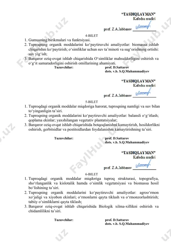 ik moddalarini ko‘paytiruvchi amaliyotlar: balansli o‘g‘itlash; qoplama ekinlar; yaxshilangan vegetativ plantatsiyalar; 3. barqaror oziq-ovqat ishlab chiqarishida botqoqlanishni kamaytirish, hosildorlikni oshirish, gerbitsidlar va pestitsidlardan foydalanishni kamaytirishning ta’siri. tuzuvchilar: prof. d.sattarov dots. v.b. s.q.mahammadiyev 6-bilet 1. tuproqdagi organik moddalar miqdoriga tuproq strukturasi, topografiya, sho‘rlanganlik va kislotalik hamda o‘simlik vegetatsiyasi va biomassa hosil bo‘lishining ta’siri. 2. tuproqning organik moddalarini ko‘paytiruvchi amaliyotlar: agroo‘rmon xo‘jaligi va xiyobon ekinlari; o‘rmonlarni qayta tiklash va o‘rmonzorlashtirish; tabiiy o‘simliklarni qayta tiklash; 3. barqaror oziq-ovqat ishlab chiqarishida biologik xilma-xillikni oshirish va chidamlilikni ta’siri. tuzuvchilar: prof. d.sattarov dots. v.b. s.q.mahammadiyev 7-bilet 1. tuproqning organik moddalariga ta’sir qiluvchi inson faoliyati haqida nimani bilasiz. 2. tuproqning organik moddalarini ko‘paytiruvchi amaliyotlar: organik moddalar bilan ta’minlashni ko‘paytirish; yong‘indan himoya qilish; o‘simlik qoldiqlarini boshqarish; 3. organik moddalarning cho‘kishi va uglerod sekvestrining ortishini ahamiyati tuzuvchilar: prof. d.sattarov dots. v.b. s.q.mahammadiyev 8-bilet 1. tuproqda organik moddalarini kamaytiruvchi amaliyotlar: biomassa ishlab chiqarishning kamayishi; ko‘p yillik o‘simliklarni almashtirish; 2. tuproqning …