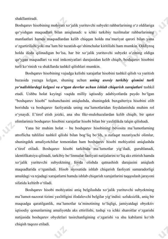 obyektlari boshqaruv hisobi mohiyatini belgilashda uning muhim xususiyatini ta’kidlash lozim: boshqaruv hisobi boshqaruv jarayonini hisob-kitoblar jarayoni bilan uzluksiz bog‘laydi. boshqaruv predmeti - ishlab chiqarishning maksimal samaradorligiga erishish maqsadida xo‘jalik yurituvchi subyekt xodimlari faoliyatini tashkil qilish va muvofiqlashtirish uchun boshqaruv obyekti yoki boshqaruv jarayoniga ta’sir o‘tkazishdir. boshqaruv rejalashtirish, tashkil qilish, muvofiqlashtirish, rag‘batlantirish va nazorat qilish yordamida boshqaruv predmetiga ta’sir o‘tkazadi. aynan shu funksiyalarni boshqaruv hisobi bajarib, u o‘z tizimini yaratib, boshqaruvning maqsad va vazifalariga javob beradi. hozirgi paytgacha boshqaruv hisobi predmetining aniq ta’riflari mavjud emas. mualliflar umumiy holda buxgalteriya hisobi va xususiy holda boshqaruv hisobi mohiyati ta’riflarini ifodalash bilan chegaralanishmoqda. ta’kidlash lozimki, xo‘jalik yurituvchi subyekt faoliyatini boshqarish tizim va metodlari o‘zgarmoqda, shunga muvofiq tarzda boshqaruv hisobining tarkibi o‘zgarmoqda. ayniqsa, bu turli tashkiliy tuzilmaga ega bo‘lgan xo‘jalik yurituvchi subyektlardagi o‘zgaruvchan tashqi omillar (inflyatsiya, ishlab chiqarishni tarkibiy qayta qurish va sh.k.) ta’siridagi xarajatlar va daromadalar hisobini modellashtirishga tegishlidir. ana shu erda boshqaruvning obyektlari …