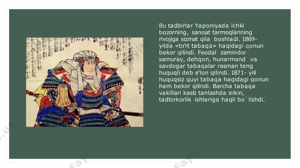 shimolisharqida, ya'ni arablar yashovchi hududlarda mutlaq podsholik tuzumlari hukm surardi. ular orasida rasman usmonli turk imperiyasi tarkibiga kirgan misr, tripolitaniya, kirenaika (hozirgi liviya) va tunis amalda turkiya sultoniga itoat etmasdilar. xix asr oxirida misr va sudan angliyaning, tunis, jazoir va marokash fransiyaning, marokashning bir qismi ispaniyaning, liviya esa italiyaning mustamlakalariga aylandi. janubiy afrika janubiy afrika janubiy afrikada dunyoning eng yirik olmos konlari mavjud edi. ingliz korchaloni sesil rods «de rads» kompaniyasini tuzib, olmos konlarini oz qoliga kiritdi. 1887- yilda transvaal oltin va mis konlari ochildi. sesil bu konlarni ham egalladi. uning tashabbusi bilan «britaniya janubiy afrika imtiyozli kompaniyasi» tuzildi. kompaniya «keyptaundan qohiragacha angliya mustamlakasi bolishi kerak», degan ma'noda bosqinchilik harakatlariga ruxsat oldi. tez orada shimoliy rodeziyada ingliz protektorati ornatildi. angliya burlarga qarshi yangi urushga tayyorlandi. 1899- yilda ingliz bur urushi boshlandi. 1902- yil bur respublikasi britaniya mulklari tarkibiga qoshib olindi.1910- yili angliya mustamlaka hududlari bolgan transvaal, oranj, natal, kapni «janubiy …