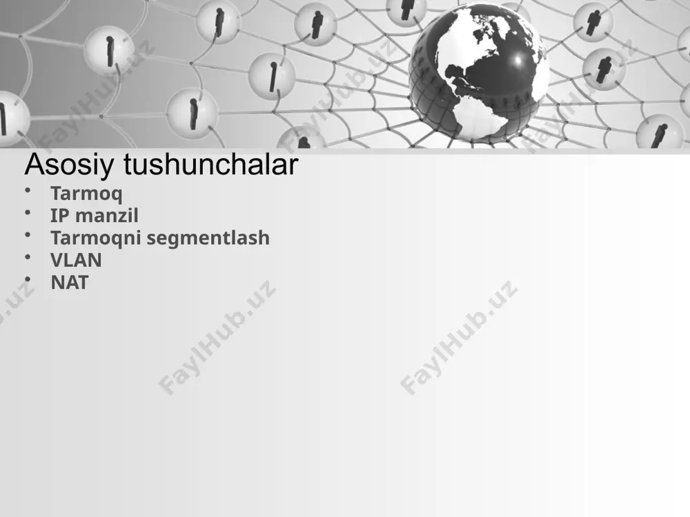 gmentatsiyasi —bu tarmoqni har biri alohida kichik tarmoq vazifasini bajaradigan bir nechta segmentlarga yoki pastki tarmoqlarga bo'ladigan arxitekturaviy yondashuv. bu tarmoq administratorlariga kichik tarmoqlar o'rtasidagi tarmoq trafigini batafsil siyosatlar asosida boshqarish imkonini beradi. tashkilotlar monitoringni yaxshilash, samaradorlikni oshirish, texnik muammolarni mahalliylashtirish va eng muhimi, xavfsizlikni yaxshilash uchun segmentatsiyadan foydalanadilar. 4 vlan va nat vlan - bu foydalanuvchilarning jismoniy joylashuvidan qat’iy nazar, funksiya yoki ilovalar bo'yicha mantiqiy ravishda segmentlangan kommutatsiyalangan tarmoqdagi so’nggi qurilmalar guruhi. vlan'lar jismoniy lan segmentida joylashmagan bo'lsa ham, lanlar bilan bir xil atributlarga ega. nat qisqartmasi tarmoq manzili tarjimasini bildiradi. bu ma'lumotni internetga o'tkazishdan oldin mahalliy tarmoq ichidagi bir nechta shaxsiy manzillarni umumiy ip-manzilga akslantirish usulidir. bir nechta qurilmalarni bitta ip-manzildan foydalanishni xohlaydigan tashkilotlar, aksariyat uy routerlari kabi nat-dan foydalanadilar. 5 6 shaxsiy ip-manzil turli xil diapazonlari shaxsiy ip manzillash ipv4 va ipv6 manzillarida birdek foydalaniladi. shaxsiy ipv4 manzillari quyidagi sinf konfiguratsiyasiga ega: a sinf ip manzillari. konfiguratsiyalar …