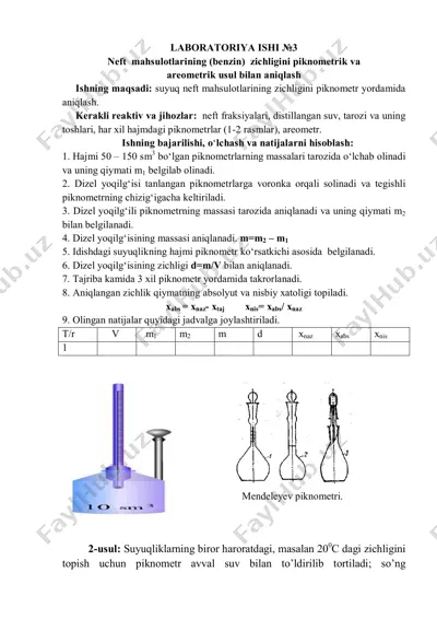 neft mahsulotlarining (benzin) zichligini piknometrik va areometrik usul bilan aniqlash — PDF