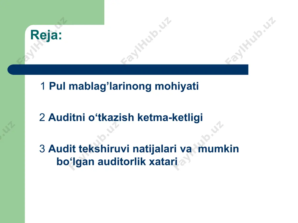 »ga asosan tekshiriladi bankdagi hisob-kitob va boshqa schyotlardagi pul mablag‘larining hisobi «kassa operatsiyalarini yuritish qoidalari» va «naqd pulsiz hisob-kitoblar to‘g‘risida nizom»ga asosan tekshiriladi pul mablag‘lari hisobi schyotlaridagi ma’lumotlarni mavjud holati va haqiqatda bo‘lish kerak holatlari aniqlanadi chetlanishlar bo‘yicha isbotu- dalillar to‘planadi audit tekshiruvi natijalari va mumkin bo‘lgan auditorlik xatari audit tekshiruvi natijalari kassa va bank operatsiyalari bo‘yicha belgilangan qoidalar va nizomga amal qilinganlik yoki undan chetlanishlar borligi tasdiqlanadi . pul mablag‘lari hisobidagi kamchiliklar ni bartaraf etish bo‘yicha tavsiyalar beriladi mumkin bo‘lgan auditorlik xatari naqd va naqd pulsiz operatsiyalarda mavjud xatolar ochilmayin qolishi mumkin chetlanishlarni bartaraf etish bo‘yicha takliflar berilmay qolinishi yoki noto‘g‘ri berili-shi mumkin e’tiboringiz uchun raxmat
