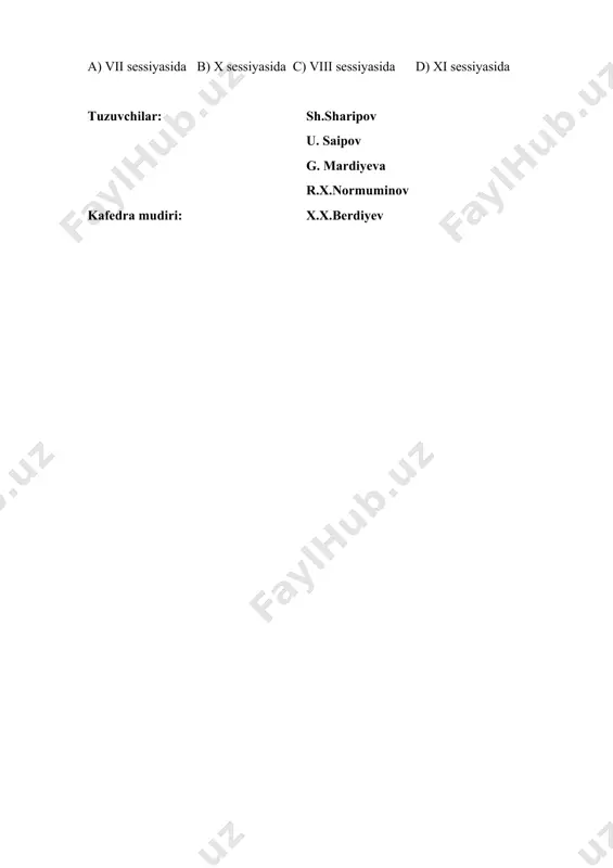 ilgan? a) 1996-yil 21-aprelda b) 1996-yil 27-dekabrda c) 1995-yil 23-fevralda d) 1995-yil 28-avgustda 21 prezident huzuridagi davlat va jamiyat qurilishi akademiyasi qachon tashkil qilindi? b) 1994-yil dekabr a) 1995-yil sentabr c) 1993-yil sentabr d) 1996-yil dekabr 22 qachondan o‘zbekiston ommaviy axborot vositalari jahondagi yirik kompyuter tizimi - «internet» bilan aloqa o‘rnatishga muvaﬀaq bo‘ldi? a) 1997-yil oktabrdan b) 1996-yil maydan c) 1998-yil noyabrdan d) 1995-yil sentabrdan 23 qachondan boshlab 1-sinf o‘quvchilariga bepul o‘quv anjomlari, darsliklarni berish joriy etilgan? a) 1997-yildan b) 1998-yildan c) 1999-yildan d) 2000-yildan 24 1993-yil 4-dekabrda bo‘lgan voqeani aniqlang. a) qoraqalpog‘iston respublikasi davlat madhiyasi tasdiqlandi b) o‘zbekistonda inson huquqlari bo‘yicha milliy markaz tashkil topdi c) mamlakatimizda «xalq ijodiyoti» festivali o‘tkazila boshladi d) «fidokor» gazetasi nashr etila boshladi 25 «o‘zbekiston respublikasi davlat mustaqilligi asoslari to‘g‘risida»gi qonunga konstitutsiyaviy qonun maqomi qachon berilgan? a) 1991-yil 30-sentabrda b) 1991-yil 18-noyabrda c) 1991-yil 29-dekabrda d) 1992-yil 4-yanvarda 26 islom olami zabardast allomalaridan hisoblangan …