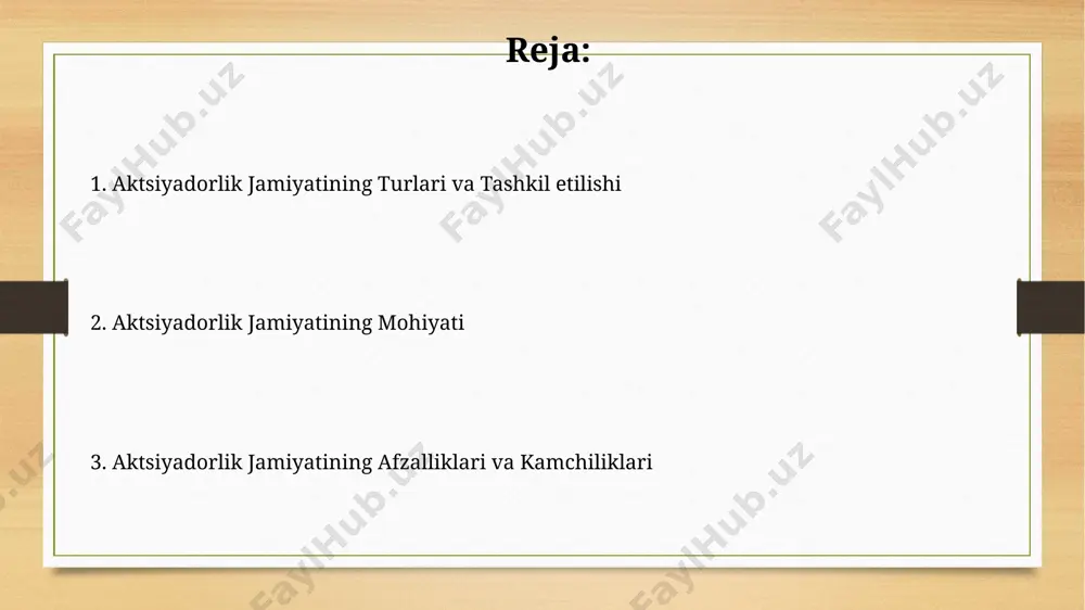 a joylashtirish orqali, masalan, ipo orqali 10 million dollargacha mablag' jalb qilishi mumkin. korporativ obligatsiyalar chiqarish orqali, 5 yillik muddatga 5% kupon stavkasi bilan jamiyat 20 million so'm miqdorida qo'shimcha investitsiyalarni jalb eta oladi. aktsiyadorlik jamiyatining tarixi 20-asrning boshlarida, jahon boʻylab aktsiyadorlik jamiyatlari korporativ boshqaruvning murakkab tizimlarini shakllantirishda muhim omil boʻlib, millionlab investorlarning ishtirokini ta’minladi. 16-asrda gollandiyada sharqiy hindiston kompaniyasi kabi dastlabki aktsiyadorlik jamiyatlari paydo boʻlib, ular savdo va koloniyalarni rivojlantirishda muhim rol oʻynadi, kapitalni jamlashning yangi usullarini joriy qildi. aktsiyadorlik jamiyatining moliyaviy hisobotlari жамиятнинг йиллик молиявий ҳисоботида 15% дан ортиқ фойда солиқдан кейинги соф фойда сифатида акс этса, бу юқори даромадлилик кўрсаткичи ҳисобланади. аудит ҳисоботида аниқланган 1 млн. сўмдан ортиқ миқдордаги молиявий камчиликлар акциядорларнинг дивидендлар олиш имкониятига салбий таъсир кўрсатиши мумкин. aktsiyadorlik jamiyatining huquqiy jihatlari aktsiyadorlar umumiy yig‘ilishi yillik hisobotni tasdiqlash, dividendlarni taqsimlash va direktorlar kengashini saylash kabi muhim qarorlarni qabul qilish huquqiga ega. jamiyatning ustav fondi minimal 100 …