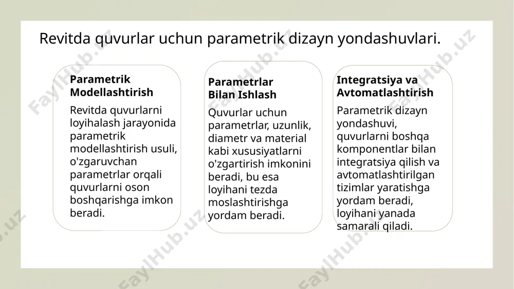 dizayn jarayonini tezlashtirish va aniqroq qilish imkonini beradi. iot integratsiyasi internet of things (iot) orqali quvurlarni nazorat qilish, real vaqt ma'lumotlarini taqdim etish va tizimlarni avtomatlashtirish imkoniyatini yaratadi. energiya tejamkorligi zamonaviy quvurlar armaturalari, energiya tejashga yordam beradigan materiallar va texnologiyalarni o'z ichiga oladi, bu esa ekologik jihatdan foydali hisoblanadi. avtomatlashtirilgan dizayn revit dasturida quvurlarni avtomatlashtirilgan dizayn qilish, loyihalash jarayonini soddalashtiradi va xatolarni kamaytiradi, natijada samaradorlik oshadi. revit dasturida qiyaliklarni loyihalashning asosiy tamoyillari. 1 qiyaliklar va ularning ahamiyati qiyaliklar quvurlar tizimining samarali ishlashini ta’minlaydi. to'g'ri qiyaliklar suyuqlikning oqimiga yordam beradi va tizimning barqarorligini oshiradi. 2 qiyaliklarni loyihalash qiyaliklarni loyihalashda, havza va quvurlar orasidagi balandlik farqini inobatga olish zarur. har bir qiyalik quvurning to'g'ri ishlashi uchun optimallashtirilishi kerak. 3 qiyaliklarni sinovdan o'tkazish qiyaliklar loyihalashtirilgandan so'ng, ularni sinovdan o'tkazish muhimdir. bu jarayon suyuqlik oqimini nazorat qilish va muammolarni oldini olishga yordam beradi. quvurlar bog‘lovchi detallarini tanlash va o‘rnatish jarayoni. bog‘lovchi detallarni tanlash quvurlarni …