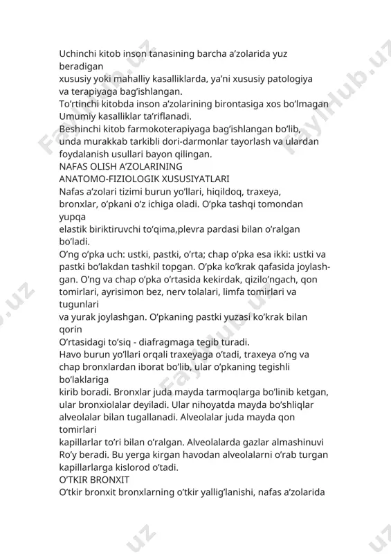 ki bo’lakdan tashkil topgan. o’pka ko’krak qafasida joylash- gan. o’ng va chap o’pka o’rtasida kekirdak, qizilo’ngach, qon tomirlari, ayrisimon bez, nerv tolalari, limfa tomirlari va tugunlari va yurak joylashgan. o’pkaning pastki yuzasi ko’krak bilan qorin o’rtasidagi to’siq - diafragmaga tegib turadi. havo burun yo’llari orqali traxeyaga o’tadi, traxeya o’ng va chap bronxlardan iborat bo’lib, ular o’pkaning tegishli bo’laklariga kirib boradi. bronxlar juda mayda tarmoqlarga bo’linib ketgan, ular bronxiolalar deyiladi. ular nihoyatda mayda bo’shliqlar alveolalar bilan tugallanadi. alveolalar juda mayda qon tomirlari kapillarlar to’ri bilan o’ralgan. alveolalarda gazlar almashinuvi ro’y beradi. bu yerga kirgan havodan alveolalarni o’rab turgan kapillarlarga kislorod o’tadi. o’tkir bronxit o’tkir bronxit bronxlarning o’tkir yallig’lanishi, nafas a’zolarida ko’p uchraydigan kasalliklardan biri. etiologiyasi. bakterial agentlar: pnevmokokklar; gri pp rivojlanishiga moyillik ko’rsatadigan sabablar: sovuq qotish, spirtli ichimliklarni iste’mol qilish, tamaki chekish, ba’zi kimyoviy moddalardan surunkali zaharlanish, shuningdek, sinusit, gaymoritning yuzaga kelishi uchun sharoit yaratuvchi omillar. o’tkir bronxit tarkibida yuqori miqdorda …
