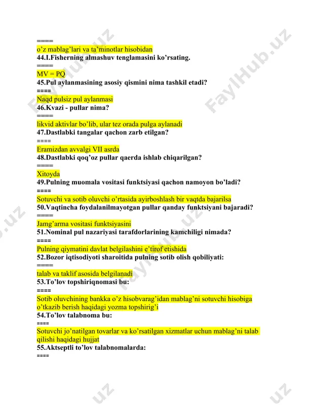 mashtirildi? ==== 1:1000 72.inflyatsiyani keltirib chiqaruvchi omil qanday javobda noto’g’ri keltirilgan? ==== muomalada tovar va xizmatlar bahosi pasayadi 73.inflyatsiya tushunchasi iqtisodiy termin sifatida qachon kirib kelgan? ==== 1864 yilda 74.quyidagilardan qaysi biri inflyatsiyaning shakliga kirmaydi? ==== monopol inflyatsiya 75.giperinflyatsiya sharoitida pul muomalasi qanday holatda bo’ladi? ==== pul muomalasi izdan chiqadi 76.inflyatsiyaga qarshi qanday siyosat mavjud? ==== umumiy talabni tartibga solish siyosati 77.evro hudud uchun emb tomonidan belgilangan inflyatsiya darajasining yillik normasini ko’rsating ==== yillik 2 foiz 78.xvf ekspertlarining fikriga ko’ra inflyatsiyaning oylik darajasi necha foizdan oshishi giperinflyatsiya deb hisoblanadi? ==== 50 foiz === 79.pul islohotini o’tkazishning zarurligi nimada? === milliy valyutaning barqarorligini ta’minlash 80.pul massasi bu – ==== muomaladagi naqd va naqd pulsiz pul aylanmasining yig’indisi ==== 81.denominatsiya bu...? ==== eski pul birligini yangi pul birligiga ma’lum nisbatda almashtirish 82.kreditning tamoyillari qanday javobda to’liq keltirilgan? ==== muddatlilik, to’lovlilik, ta’minlanganlik, qaytarishlik, maqsadlilik tamoyillari 83.o’zbekistonda bank krediti muddatiga ko’ra qanday kreditlarga bo’linadi? …
