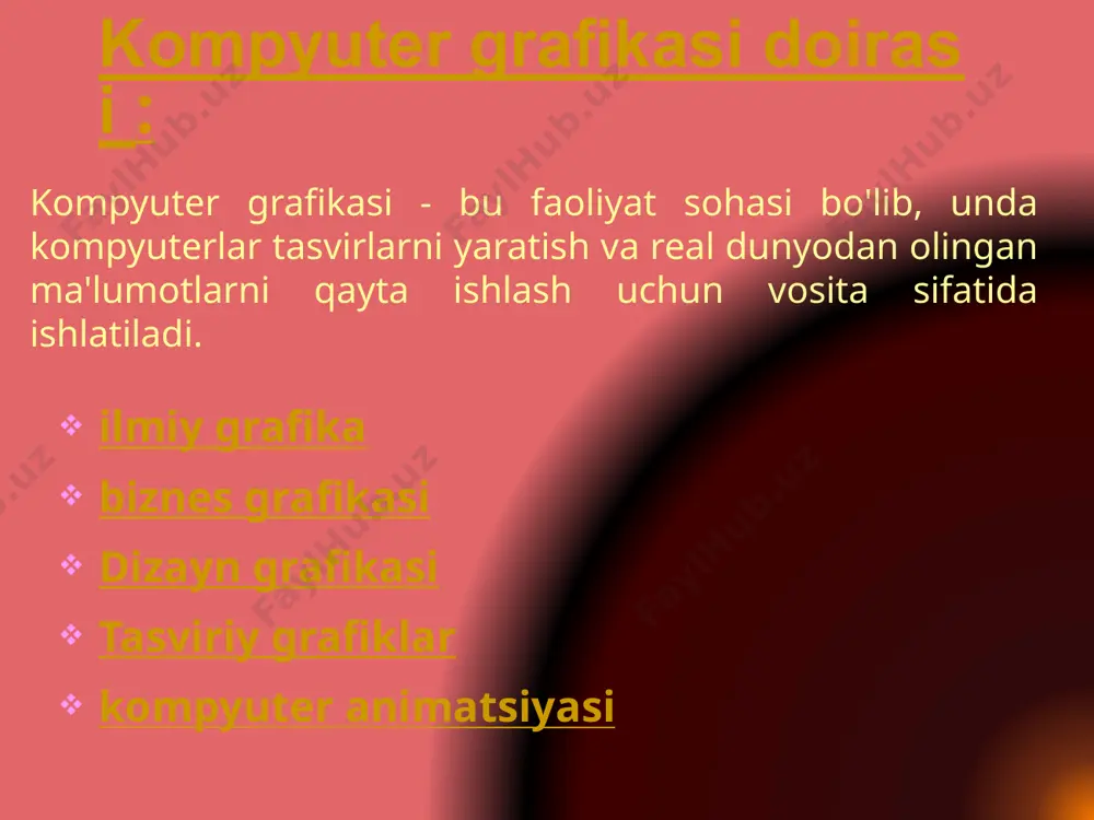 lik bilan chizish, chizish uchun foydalanish imkonini beradi. tasviriy grafik paketlar ishlab chiqarish yo'nalishiga ega emas. shuning uchun ular umumiy maqsadli amaliy dasturlarga tegishli. tasviriy grafiklar kompyuter animatsiyasi tarixi ixtisoslashgan grafik dasturlar paketlarining paydo bo'lishi va rivojlanishi bilan chambarchas bog'liq . 1961 yilda ivan sazerlend tomonidan ixtiro qilingan sketchpad tizimi bo'lib, u kompyuter grafikasi davrini boshlab berdi. ushbu tizimda yorug'lik ruchkasi yordamida foydalanuvchilar bevosita monitor ekranida chizmalar yaratishlari mumkin edi. bugungi kunda animatsiyani suratga olish uchun raqamli kameradan foydalanish imkonini beruvchi dasturiy ta'minot tanish bo'lgan 3d yoki 2d paketlar kabi tez-tez ishlatiladi. ushbu turdagi har qanday dastur raqamli kamerani kompyuter orqali boshqarishni va olingan ramkalar bilan ishlashni ta'minlaydi. kompyuter animatsiyasidagi ochiq muammolardan biri bu fotorealistik inson animatsiyasidir. hozirgi vaqtda kompyuter animatsiyasi yordamida yaratilgan filmlarning aksariyatida hayvonlar qahramonlari, xayoliy qahramonlar yoki multfilm odami tasvirlangan. image1.jpeg image2.png image3.jpeg image4.png image5.jpeg image6.png image7.png image8.png image9.jpeg image10.png image11.png image12.jpeg image13.jpeg image14.jpeg image15.jpeg image16.jpeg image17.jpeg …