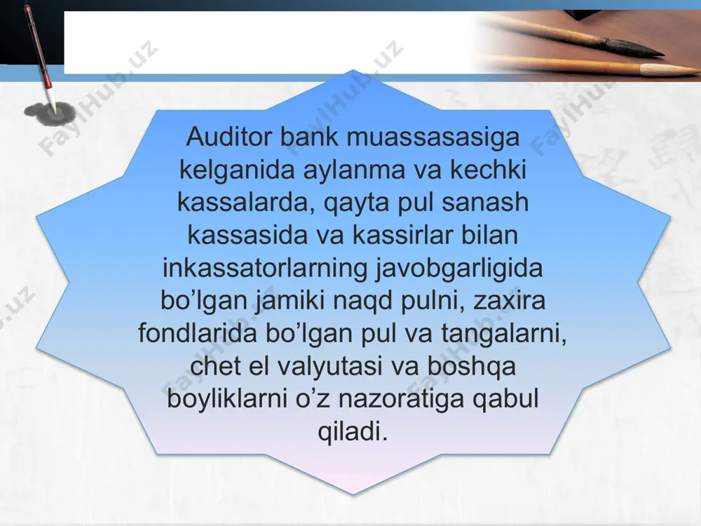 касса китобларини туғри юритилиши ва ҳолатини текшириш - №0482171 қатъий ҳисобда турувчи бланкалар ҳисобини юритиш - №0482120 айланма кассадаги нақд пулларни ҳисобини юритиш - №0482121 валюта бойликларини юритиш - №0482160 резерв фондига пул қуйилиш ҳисобини юритиш - №0482161 кассани очиб ёпиш китоби - 0482141 лимитдан ортиқча нақд пулларни ҳисобини юритиш ҳа ҳа ҳа ҳа ҳа йўқ 10100-«накд пуллар ва бошка тулов хужжатлари». 10101-«айланма кассадаги накд пуллар»; 10103-«пул алмаштириш шахобчаларидаги накд пуллар»; 10105-«чеклар ва бошка тулов хужжатлари»; 10107-«банкоматлардаги накд пуллар»; 10109- «йулдаги пуллар»; 10111- «банк биносида жойлашмаган амалиёт кассаларидаги накд пуллар» 10198 – марказий банкка топшириладиган накд пуллар захираси. кунлар бўйича якунлар балансдаги "кассадаги банкнотлар" 10101 ва “кассадаги тангалар” 10103-ҳисобварақларнинг ёки банкнинг операция кассаларидаги 10101 ва 10103-ҳисобварақларининг омбор дафтари ва синтетик варақчада кўрсатилган дебет ҳамда кредит оборотларига таққосланади чиқим касса ҳужжатларининг суммалари ҳисобланади ва ҳисобот маълумотномаларининг умумий суммаси билан қиёсланади муайян вақт мобайнидаги барча касса чиқим ҳужжатларининг суммалари мижозларнинг ҳисоб-варақлари, банк …