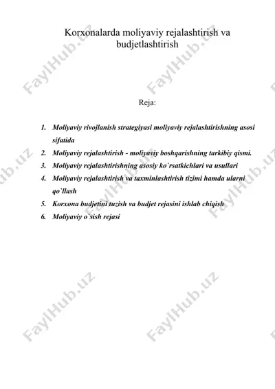korxonalarda moliyaviy rejalashtirish va budjetlashtirish — DOC
