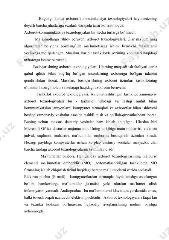 xarakterini o’zgartirmoqda. axborot texnologisi va uning apparat dasturiy ta'minotining rivojlanishi, ofisda ish o’rinlarining evolusion va informasion to’yinishiga sharoit eratadi. korxona tomonidan yo’qotilgan axborot - bu natija va boshqaruvning yoqotilganidir. shuning uchun axborot tizimlari qurilishida qo’yiladigan strategik maqsad, korxona erisha oladigan oqimlarining barchasini jamlashga sharoit yaratish, ofisda avtomatlashgan ish joyini integrasi qilishga kerak bo’lgan axborot oqimlari: nutq, tasvir, matn, ma'lumotlarni olishdir. kommunikatsiya - bu axborot almashishdir. ana shu axborot negizida rahbar ma'lumotlar olib, samarali qarorlar qabul qiladi va ishchi xodimlarga etkazadi[footnoteref:1]. [1: xamdamov o’. r. - aholini zamonaviy axborot-kommunikatsiya texnologiyalari bilan yaqindan tanishtirish va targ‘ibot qilish uchun instruktor o‘qituvchilarni tayyorlash va o‘qitishga mo‘ljallangan o‘quv-uslubiy majmuasi. toshkent 2012 yil - 19 bet. ] kommunikatsi jarayonida kuniga hamma qatnashadi, ammo uning samaradorligi hammada har - xil bo’ladi. insonlar o’zaro muloq’otda bo’lar ekan, ularning vazifalarini hal etishga harakat qilishadi korxonada kommunikatsiya jarayoni 1- rasmda misol qilib ko’rsatilgan. 1 - rasm. korxonada kommunikatsiya jarayoni.[footnoteref:2] [2: …