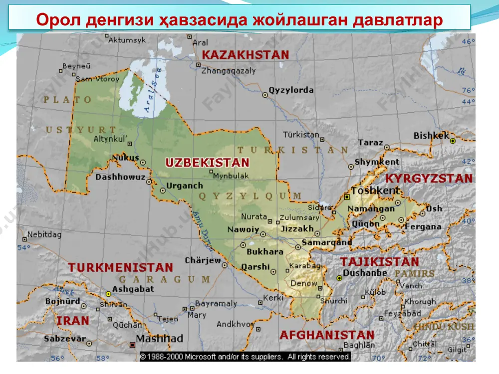 ш жойида сув сарфи ўлчанади 1916 йили марказий осиёнинг 59 та дарёсида 159 та гидрологик постлар мавжуд эди (шундан 46 таси ўзбекистон худудида) эксплуатацион гидрометрия фанини ўрганишнинг аҳамияти эксплуатацион гидрометрияда кўриладиган чора-тадбирлар қўшимча майдонларни сув билан таъминлаш имконини беради. суғориладиган майдонларнинг шўрланишини олдини олади ва суғориладиган ерларда ўсимликларнинг ривожи учун қулай сув режимини яратади. шунинг учун ҳар бир суғориш тизими сувни ростлайдиган ва сув миқдорини ўлчайдиган қурилмалар билан жиҳозланган бўлиши керак. мустақил ишлаш учун топшириқ ўрта осиёда гидрометриянинг ривожланиши. -буюк аллома ахмад ал-фарғонининг гидрология фани ривожига қўшган ҳиссаси. қирғизистон 4,03 км3 11% қозоғистон 12,29 км3 34% ўзбекистон 17,28 км3 48% тожикистон 2,46 км3 7% афғонистон 7,44 км3 9,5% туркманистон 21,73 км3 27,7 % ўзбекистон 38,91 км3 49,7% тожикистон 9,8 км3 12,5% қирғизистон 0,4 км3 0,5%