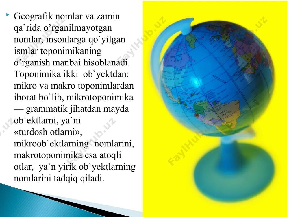 siliyadagi akaita daryosi nomidan), adulyar — mineral (alp tog`larining adul tizmasi nomidan), alebastr — oq gips (misrdagi alebastr shahri va tog`i nomidan), almandin — qimmatbaho tosh (kichik osiyodagi albanda shahri), alyaskit — granitga o`xshash qattiq tosh (alyaska), aragonit (ispaniyadagi aragoniya pasttekisligi nomidan), baykalit (baykal ko`lidan), birmit — kahraboning bir turi (birja nomidan), inderit — mineral (qozog`is-tondagi inder tog`lari nomidan), muskovit mineral (moskva davlatining qadimgi nomidan, moskoviya), surik bo`yoq (suriya nomidan), tuyamuyunit — mineral (farg`ona vodiysidagi tuyamo`yin koni nomidan), ferganit (farg`ona) va hokazolar. xazorasp — ming ot, sariosiyo — bosh tegirmon, go’rlan — ko’r va lang so`zlarining birikuvidan tashkil topgan. * lag`mon (xitoycha) — «lag`» — uzun, «man» — hamir, «uzun hamir» degan ma`nolarni bildiradi. buterbrod (nemischa) — go`sht va non yoki non va yog` degan ma`nolarni bildiradi. pirog — qoraqalpoqlarda «burek», tatarlarda esa «chiyburek», har ikkisida ham go`shtli pirog degan ma`no bor. bu so`zning o`zagi «bur» o’ramoq, chulg`amoq ma`nolarini bildiruvchi …