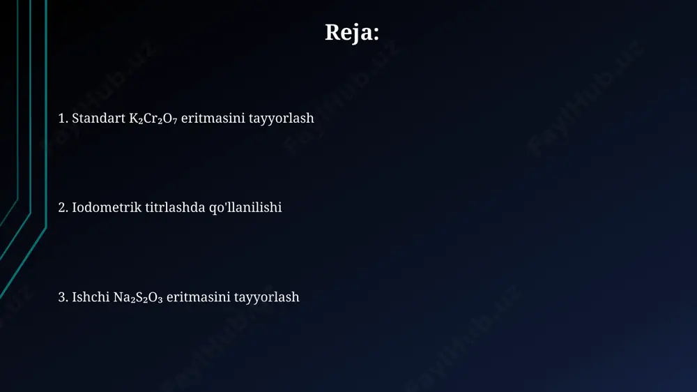 ni tayyorlash uchun 29,418 gramm k₂cr₂o₇ ni 1000 ml distillangan suvda eritish kerak, bu molyar massa va kerakli konsentratsiyadan kelib chiqadi. k₂cr₂o₇ ning aniq molyar massasini aniqlashda, ishlatilgan reagentning tozaligi va tarkibidagi mumkin boʻlgan aralashmalarni hisobga olish muhim ahamiyatga ega. k2cr2o7 ning standart eritmasini tayyorlash k2cr2o7 ning aniq konsentratsiyali (masalan, 0,01 m) standart eritmasini tayyorlash uchun 294,19 mg k2cr2o7 ni to'liq quritilganidan keyin aniq tortib olib, 1 litrli o'lchov kolbasida distillangan suvda eritiladi. titrlashda k2cr2o7 ning standart eritmasidan foydalanishda uning konsentratsiyasi kio3 yoki na2s2o3 ning standart eritmasi bilan tekshirib olinadi va kerak bo'lganda tuzatish kiritiladi. adabiyotlar iodometrik titrlashda xatoliklarni kamaytirish bo'yicha kamida 2 ta ilmiy maqolada keltirilgan tavsiyalarni va ularni amaliy qo'llash bo'yicha 3 ta misolni tahlil qiling. na₂s₂o₃ eritmasining barqarorligini ta'minlash va uning konsentratsiyasini aniqlash usullarini 5 dan ortiq adabiyotlardan topib, ularni taqqoslash va eng ishonchli usulni tanlash kerak. aniqlik va takrorlanuvchanlik aniqlikni baholashda standart sapma 0,05% dan kam …