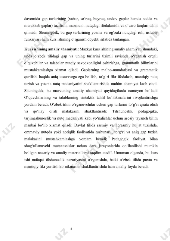 ; pedagogik faoliyat bilan shug‘ullanuvchi mutaxassislar uchun dars jarayonlarida qo‘llanilishi mumkin bo‘lgan nazariy va amaliy materiallarni taqdim etadii. umuman olganda, bu kurs ishi nafaqat tilshunoslik nazariyasini o‘rganishda, balki o‘zbek tilida puxta va mantiqiy fikr yuritish ko‘nikmasini shakllantirishda ham amaliy foyda beradi. i bob gapning nazariy asoslari 1.1 gap tushunchasi va uning sintaktik birlik sifatidagi o‘rni. gap tushunchasi tilshunoslikda gap — bu ma’lum bir grammatik qurilishga ega bo‘lgan, tugallangan fikrni ifodalovchi nutq birligidir. u og‘zaki yoki yozma nutqda o‘zining intonatsiyasi, grammatik tuzilmasi va ma’no-mundarijasi bilan ajralib turadi. gap orqali inson fikrini, his-tuyg‘usini, buyruq yoki savolini ifodalaydi, ya’ni gap — bu muloqotning asosiy vositasidir. gapning umumiy ta’rifi quyidagicha berilishi mumkin: gap — bu sintaktik jihatdan tartiblangan, grammatik jihatdan mustaqil, tugallangan fikrni ifodalovchi til birligi. tilshunoslar tomonidan gapning ko‘plab ta’riflari berilgan. masalan: sh.rahmatullayev: “gap – voqelikni ifodalovchi va tugallangan fikrni bildiruvchi asosiy sintaktik birlikdir.” a.madvaliyev: “gap – bu biror fikrni mustaqil ifodalashga qodir, …