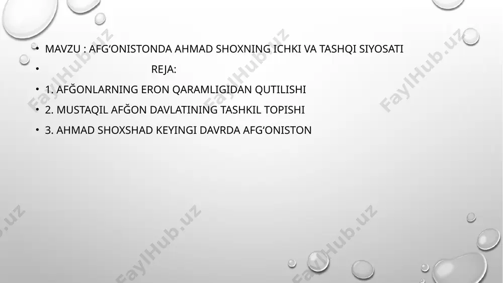 nodirshoh o’ldirilgach uning davlati parchalanib keta boshladi. afg’on qabilalari xonlarining kengashida (jirg’a) abdoliy qabilasining boshlig’i, nodirshoh qo’shinidagi afg’on jangchilarining rahbari ahmadshoh afg’oniston shohi deb e’lon qilindi. tez orada afg’onistondagi barcha qabilalar ahmadshohni o’z hukmdori deb tan oldilar, abdoliy qabilasining nomi “durroniy” deb o’zgartirildi va bu qabila a’zolari yangi davlatda imtiyozli mavqega ega bo’ldi. shu vaqtdan boshlab bu davlat durroniylar davlati degan nom bilan atala boshlandi. qandahor bu davlatning poytaxtiga aylandi, 1774 yildan boshlab esa qobul uning poytaxti bo’lib qoldi. durroniylar davlati ahmadshoh hukmronligi davrida (1747-1773) kashmir, sind, belujiston, xuroson, balx va boshqa hududlarni o’ziga qo’shib olib, o’z hududlarini ancha kengaytirdi. bu davrda afg’onistonda feodal munosabatlarning mustahkamlanish va yerga feodal mulkchilikning o’rnatilish jarayoni ro’y berdi. bu davrda ahmadxon durroniyning hokimyati va obro’-e’tibori kuchli edi. u bir necha yillar davomida hindistonga nisbatan muvaffaqiyatli suratda bosqinchilik urushlarini olib bordi. lekin boshqa xalqlarni asoratga solish hisobiga tashkil topgan durroniylar davlati mustahkam bo’lib chiqmadi. ahmadshoh …
