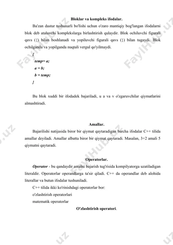 qator shartlarni tekshirish uchun bir nechta if operatorini qo'llash orqali hal qilish mumkin, lekin bu tushunish uchun biroz murakkabroqdir. dasturning soddaligini ta'minlash uchun else kalitli so'zidan foydalanish mumkin. if (shart) ifoda; else ifoda; else kalitli so'zining ishlatilishi. if va else kalit so'zlarini // ishlatilishiga oid misol # include int main() { int birinchison, ikkinchison; cout > birinchison; cout > ikkinchison; if (birinchison > ikkinchison) cout { // ikkita son kiritamiz.ularni birinchison //va ikkinchison o'zgaruvchilariga beramiz //agarda kattason kiymati kichikson // kiymatidan katta bo'lsa katta son //kichigiga koldiksiz bo'linishini tekshira- // miz. agarda u koldiksiz bo'linsa ular //teng yoki teng emasligini tekshiramiz. int birinchison, ikkinchison; cout > birinchison; cout > ikkinchison;; cout =ikkinchison;) if ( (birinchison%ikkinchison)==0) { if (birinchison==ikkinchison;) cout # include # include # include void main ( ) { { srand ( time (0)); int a[3][3], b[3][3],c[3][3], i, j, k; cout<<"\n"; cout<<"hosil bo'lgan yangi matrisa elementlari"; cout<<"\n"; for (i=0; …