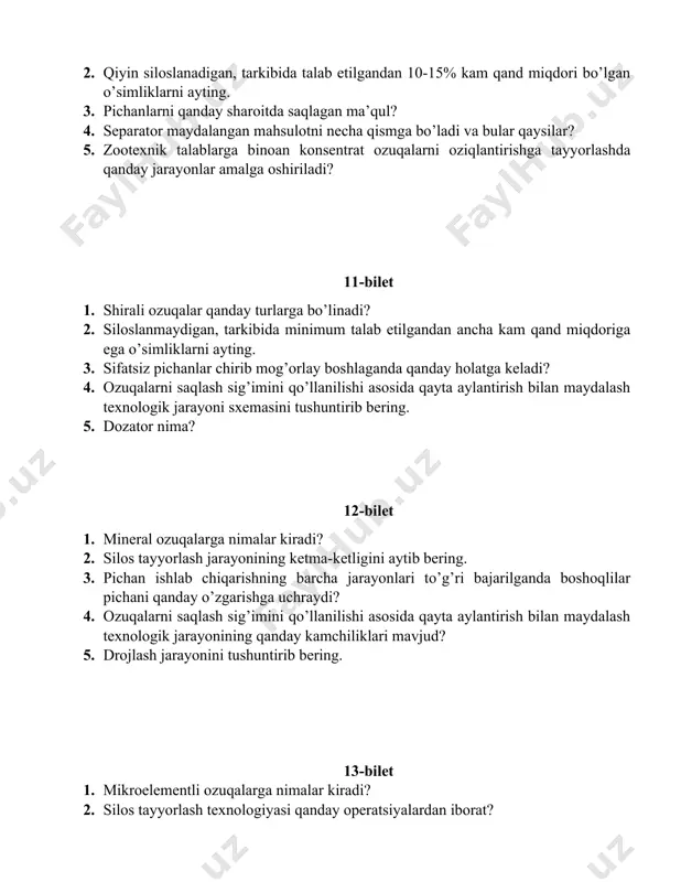 aradi? 17-bilet 1. senajning namligi odatda necha foiz bo’ladi? 2. maydalagichlarning qanday turlari bor? 3. valetsli maydalagichning ishlash prinsipini tushuntirib bering. 4. ozuqalar tayyorlashning biologik usuli qanday jarayonga asoslangan? 5. tabiiy va sun’iy quritishning farqini ayting. 18-bilet 1. mog’orlar qanday muhitda rivojlanish xususiyatiga ega? 2. kub holidagi parcha uchun keltirilgan yuza formulasini ayting. 3. ozuqalar tayyorlashda turli usullardan foydalanishdan maqsad nima? 4. ozuqalarga ishlov berish usullari necha xil bo’ladi? 5. yuvish mashinasiga qo’yiladigan talablar nimalardan iborat? 19-bilet 1. xo’jalik sharoitidan kelib chiqqan holda senajlar qanday usullar yordamida tayyorlanadi? 2. sferik holidagi parcha uchun yuza formulasi? 3. dtk-20 m3 maydalagichining ishlash prinsipini tushuntirib bering. 4. dag’al va ildizmevali ozuqalarni tayyorlash qanday bosqichlardan iborat? 5. konstruksiyasi bo’yicha ozuqa yuvish mashinalarining qanday turlari mavjud? 20-bilet 1. silos va senaj inshoatlarining vazifasi nimalardan iborat? 2. somon deb nimaga aytiladi? 3. ozuqalarga ishlov berish qanday texnologik tizimlardan foydalanib amalga oshiriladi? 4. mushtumli ozuqa yuvgich mashinasi …