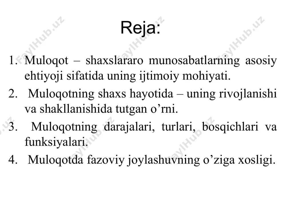 a buzilishlar qayd etilgan. har qanday yolg’izlik va muloqotning yo’qligi odamda: - muvozanatsizlik, - hissiyotga beriluvchanlik, - hadiksirash, - havotirlanish, - qayg’u, - o’ziga ishonchsizlik kabi hislarni, - shakar va tamaki,alkogolga moyillikni oshiri, - uzoq vaqt yolg’izlik esa o’z-o’ziga gapirish m.sifrning 63 kun g’orda yolg’ish yashashi bir necha kun o’tgach, o’rgimchakni ushlab oladi va u bilan gaplashadi. “biz, g’ordagi tanho mavjudotlar edik. men o’rgimchak bilan gaplasha boshladim, uning taqdiri uchun qayg’ura boshladim”. ijtimoiy hayotdagi vazifalari (b.f.lomov tasnifi bo’yicha) 1. informatsion-kommunikativ funksiya - axborot almashinuvini ta’minlash vazifasi. 2. regulatsion-kommunikativ funksiya - suhbatdoshlar xulqatvorining regulatsiya qilinishi (boshqarilishi)ni ta’minlash vazifasi. 3. affektiv-kommunikativ funksiya - inson emotsional sohasining regulatsiya (boshqarish) qilinishini ta’minlash vazifasi. l. a. karpenko tasnifga ko'ra muloqotning vazifalari: — aloqa o'rnatish vazifasi — suhbatdoshni aloqaga kirishish uchun tayyorlash; — informatsion vazifa — suhbatdosh bilan muayyan ma’lumotlar, fikrlar va rejalarni almashish; — koordinatsion vazifa — suhbatdosh bilan hamkorlikdagi faoliyatni tashkil etish va uni …