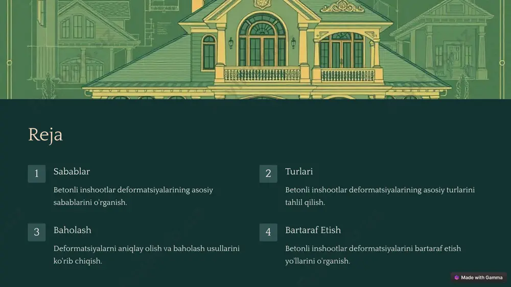 bino barqarorligi va xavfsizligi uchun jiddiy xavf tug'dirishi mumkin. 3 yoyilish qobiliyati ba'zi deformatsiyalar tez yoyilishi va binoning boshqa qismlarida ham paydo bo'lishi mumkin. 5 betonli inshootlar deformatsiyalarini baholash usullari ko'zdan kechirish deformatsiyalarni dastlabki aniqlash uchun vizual ko'zdan kechirish. o'lchash deformatsiyalarning o'lchov va kattaligini aniqlash. tahlil laboratoriya tekshiruvlari orqali deformatsiyalarning sabablarini aniqlash. monitoring deformatsiyalarning rivojlanishini kuzatish va monitoring qilish. 6 betonli inshootlar deformatsiyalarini bartaraf etish usullari mustahkamlash armaturalarni va betonni mustahkamlashga qaratilgan chora-tadbirlar. tiklash deformatsiyaga uchraganroq joylarga yangi beton qo'yish orqali tiklash. almashtirish jiddiy shikastlangan qismlarni to'liq yangilash yoki almashtirish. 7 betonli inshootlar deformatsiyalarini oldini olish choralari 1 dizayn qurilish loyihalari xato va kamchiliklardan xoli bo'lishi lozim. 2 materiallar yuksak sifatli va standartlarga javob beruvchi materiallar qo'llanilishi kerak. 3 qurilish qurilish ishlari texnologik talablarga muvofiq amalga oshirilishi muhim. 4 monitoring qurilish va ekspluatatsiya davrida doimiy tekshiruvlar o'tkazib turish lozim. 8 xulosa va tavsiyalar 1 kompleks yondashuv betonli inshootlardagi deformatsiyalarni oldini …