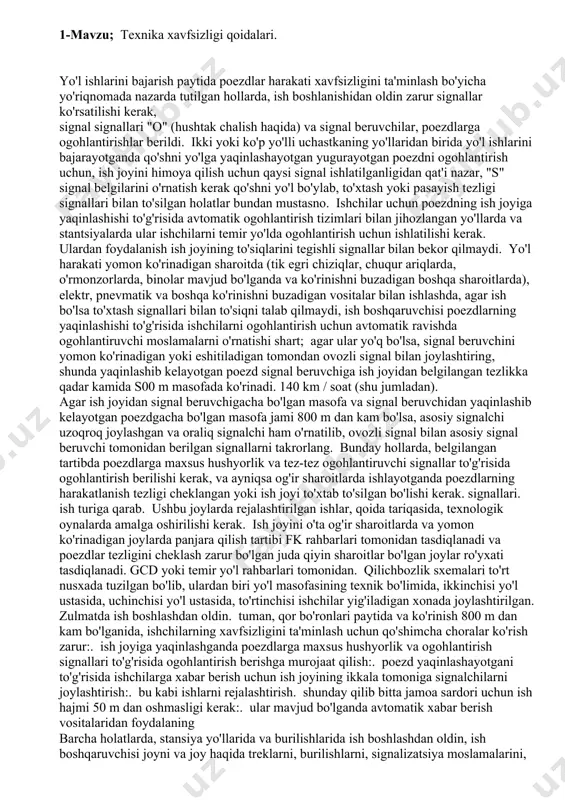 ransport universitetlari, og'ir va transport muhandisligi vazirligining og'ir yengil mashinalar konstruktorlik byurosi (tskb putmash), transport qurilish vazirligi glavstroymekhanizatsiya dizayn byurosi (ppkb glavstroymekhanizatsii). transport qurilishi vazirligi) va butunittifoq transport qurilish ilmiy-tadqiqot instituti. o'n birinchi besh yillik va keyingi yillarda trekka mashinalarini rivojlantirishning asosiy yo'nalishi tizimni rivojlantirishdir. yo'l ishlarini kompleks mexanizatsiyalashni ta'minlaydigan mashinalar. buning uchun etishmayotgan mashinalar va mexanizmlarni yaratish va tizimga kiritilgan barcha mashinalarning samaradorligi, ishonchliligi va unumdorligini oshirish kerak. yo'lni hozirgi texnikasi bilan eng muhim vazifa joriy texnik xizmatni mexanizatsiyalashtirish, ya'ni mashinalar va mexanizmlar yordamida ishlarni mexanizatsiyalashdan ishni faqat yuqori unumli mashinalar bilan bajarishga o'tishdir. 1-mavzu; texnika xavfsizligi qoidalari. yo'l ishlarini bajarish paytida poezdlar harakati xavfsizligini ta'minlash bo'yicha yo'riqnomada nazarda tutilgan hollarda, ish boshlanishidan oldin zarur signallar ko'rsatilishi kerak, signal signallari "o" (hushtak chalish haqida) va signal beruvchilar, poezdlarga ogohlantirishlar berildi. ikki yoki ko'p yo'lli uchastkaning yo'llaridan birida yo'l ishlarini bajarayotganda qo'shni yo'lga yaqinlashayotgan yugurayotgan poezdni ogohlantirish uchun, ish joyini …