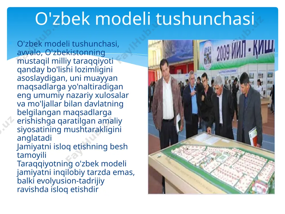 kasaev, germaniyalik l.levitin, rossiya fanlar akademiyasining akademigi f.burlaskiy uni yuksak baholashgan. 1.o’zbek modeli 5 tamoyilli haqida nimalar bilasiz. 2.islom karimovning eng so’nggi asari? 3.islom karimov songgi asarida qanday g’oya ilgari surilgan? 4. o’zbekiston respublikasi qachon bmtga a’zo bo’gan? 5. “davlat — lashkarlaru fuqarolarning sadoqati va fidoyiligi-la qudratlidir” bu gapning muallifi kim? savollar va topshiriqlar e’tiboringiz uchun rahmat image2.jpeg image3.jpeg image4.jpg image5.jpg image6.jpg