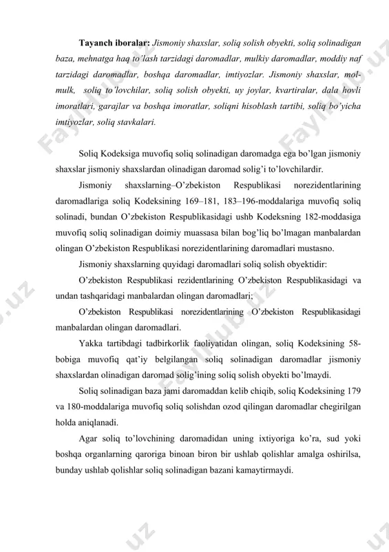 vofiq soliq solishdan ozod qilingan daromadlar chegirilgan holda aniqlanadi. agar soliq to’lovchining daromadidan uning ixtiyoriga ko’ra, sud yoki boshqa organlarning qaroriga binoan biron bir ushlab qolishlar amalga oshirilsa, bunday ushlab qolishlar soliq solinadigan bazani kamaytirmaydi. jismoniy shaxsning chet el valyutasida ifodalangan daromadlari daromadlar amalda olingan sanada o’zbekiston respublikasi markaziy banki tomonidan belgilangan kurs bo’yicha milliy valyutada qayta hisoblab chiqiladi. jismoniy shaxslarning jami daromadiga quyidagilar kiradi: 1) mehnatga haq to’lash tarzidagi daromadlar; 2) mulkiy daromadlar; 3) moddiy naf tarzidagi daromadlar; 4) boshqa daromadlar. yuridik shaxslar amalga oshiradigan quyidagi xarajatlar jismoniy shaxslarning daromadi sifatida qaralmaydi: 1) xodimlarni qonun hujjatlarida belgilangan normalarga muvofiq sut hamda boshqa davolash-profilaktika oziq-ovqati, shaxsiy himoya va gigiena vositalari bilan ta’minlash bo’yicha xarajatlar; 2) kasaba uyushmasi qo’mitasi tomonidan amalga oshiriladigan to’lovlar, shu jumladan a’zolik badallari hisobidan kasaba uyushmasi a’zolariga beriladigan moddiy yordam, bundan kasaba uyushmasi qo’mitasining xodimlariga mehnat vazifalarini bajarganlik uchun beriladigan pul mukofotlari va boshqa to’lovlar mustasno; 3) …
