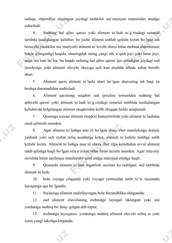 karimov i.a. – biz kelajagimizni o`z qo`limiz bilan quramiz. t., “o`zbekiston”, 1999. 4. karimov i.a. – xavsizlik va arqaror taraqqiyot yo`lida. t., “o`zbekiston”, 1998. 5. o`zbekiston xx1 asrga intilmoqda. t., “o`zbekiston”, 2000. 6. o`zbekiston respublikasi oila kodeksi. t., “adolat”, 2000. 7. o`zbekiston respublikasining oila kodeksiga sharhlar. t., “adolat”, 2000. 8. xotin-qizlar huquqlari kamsitilishining barcha shakllariga barham berish to`g`risida konvensiya, toshkent-1998. 9. bag`rikenglik tamoyillari deklaratsiyasi. yunesko 1995 yil 16 noyabr, parij. 10. o.a.karimova. qonun, oila, farzand va jamiyat. t-2000. 11. o.a.karimova. oila huquqi. ma`ruzalar matni. tdpu. 2002; 12. i.ovchinnikov. roditelskoye schastye. m., iz-vo politicheskoy lit., 1987. 13. qadriyatlar va ijtimoiy taraqqiyot. t., “o`zbekiston”, 1997. 14. p.azarov. semeynaya pedagogika. m., izd-vo politicheskoy lit.,1985. 15. gender i razvitiye v uzbekistane. t., 1998. 16. polojeniye detey v mire. yunisef, 2000. 17. www.akadmvd.uz