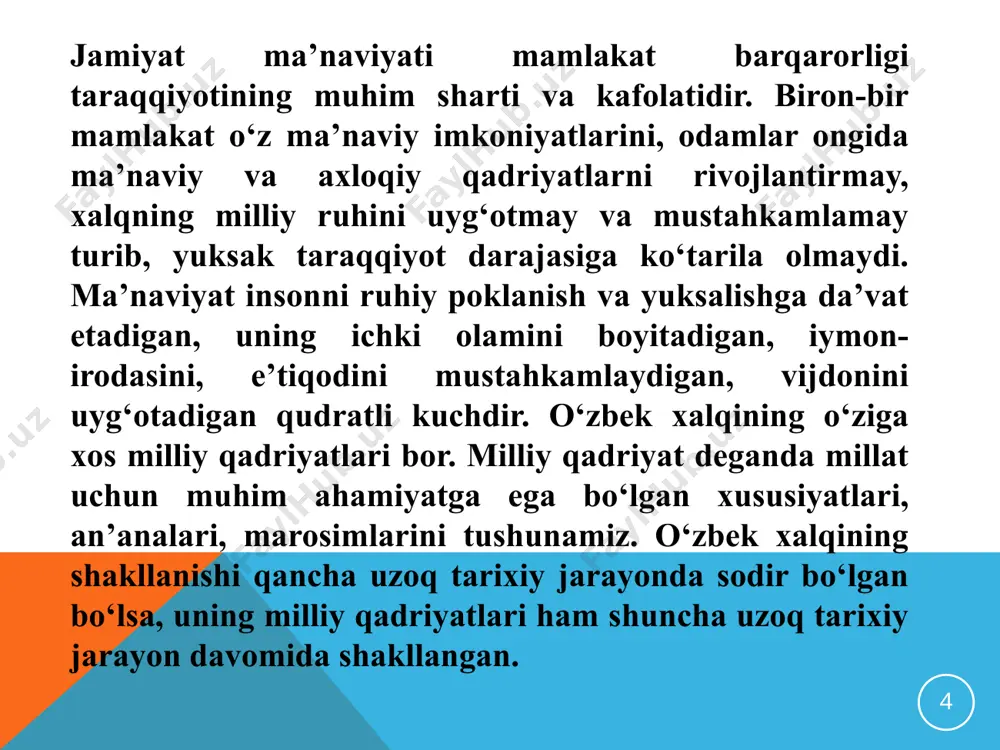 azish bilan shug‘ullanmoqda. 1996—2002- yillarda „oltin meros“ jamg‘armasi sa’y-harakatlari natijasida buyuk allomalarimiz yaratgan ko‘plab madaniy-ma’naviy meros namunalari mamlakatimizdan va xorijiy davlatlardan izlab topildi, jamlandi hamda kutubxona va muzeylarga joylashtirildi. shuningdek, u xalqimizning rasm-rusumlarini, urf-odatlarini, marosimlarini o‘rganish, tiklash, xalqimizga qaytarish, ularning ma’no-mohiyatini, hozirgi kundagi ahamiyatini keng ommaga tushuntirish ishiga katta hissa qo‘shmoqda. 2 – reja mustaqillik yillarida o’zbekistonda diniy munosabatlar 12 o‘zbekiston hali sovetlar qaramog‘ida turgan og‘ir kunlarda islom karimov xalq xohish-irodasiga quloq tutib, unutilmas tarixiy hujjatga imzo chekdi. 1990-yil 2-iyun kuni «musulmonlarning saudiya arabistoniga haj qilishi to‘g‘risida» gi farmonini e’lon qildi. mamlakatda islom dini omilidan unumli foydalanish, uning boy ma’naviy va madaniy qadriyat sifatidagi imkoniyatlarini kengaytirish choralari ko‘rildi. jumladan, 1992-yilda o‘zbekiston respublikasining vazirlar mahkamasi huzurida din ishlari bo‘yicha qo‘mita tashkil etildi. 1992-yil 27-martda o‘zbekiston prezidentining «ro‘za hayitini dam olish kuni, deb e’lon qilish to‘g‘risida» farmoniga ko‘ra, musulmonlar hayotidagi qutlug‘ sanalar – qurbon va ramazon hayit kunlarini doimiy ravishda bayram qilish …