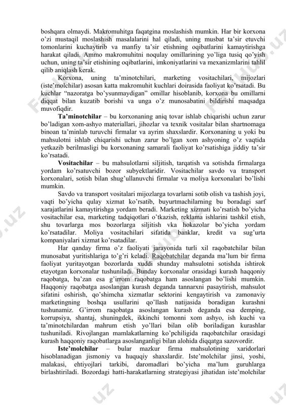 ajasini baholash ham muhim o’rin tutadi. marketing: qo’llaniladigan strategiyalar, bozor (katta-kichikligi, o’rni, raqobatchilar), xaridorlari, korxona imiji, korxona tovarlari, narxi, sotilishi va kommunikasiya siyosati, axborot bilan ta’minlanish holati va tashkil etilishi, o’zaro marketing munosabatlari, ichki marketing. hozirgi zamon muhim tahlil yo’nalishlaridan biri benchmarking (ing. benchmarking) –etalon deb qabul qilingan korxonalarga nisbatan o’zining marketing faoliyatini baholash usullaridir. moliyaviy-iqtisodiy potensial: korxona aktivlari, o’zining va qarzga olingan kapitali, kredit imkoniyatlari, kapital aylanish tezligi va likvidligi, mablag’ni rejalashtirish, yalpi daromad, foyda va undan foydalanish. korxona faoliyatining muhim ko’rsatkichlaridan biri uning rentabelligidir. u olinayotgan daromad ko’rsatkichining (sotuv hajmi, yalpi daromad, ishlab chiqarishga aylanma mablag’lar, asosiy fondlarning tannarxi va h.k.) nisbati bo’yicha hisoblanadi. xodimlar (personal) – tarkibi va malakasi, kasbiy va malakaviy darajasi, kadrlarni shakllantirish siyosati (rejalashtirish, tanlash va vaqtincha yollash, ishdan bo’shatish, qo’nimsizligi va h.k.), personal rivojlanishi (kasbiy yo’naltirish va qayta tayyorlash, attestasiya va baholash, xizmat jarayonida o’sishini ta’minlash), mehnatni tashkil qilish va rag’batlantirish, xizmatchilar orasidagi …